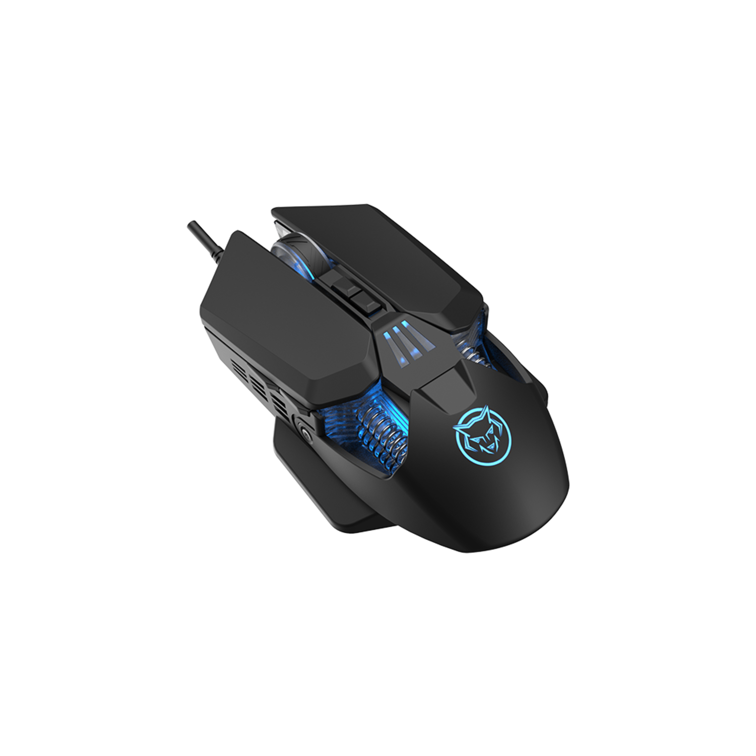 A black gaming mouse with blue lights and a logo. It is on a black background. The mouse has a wired connection.