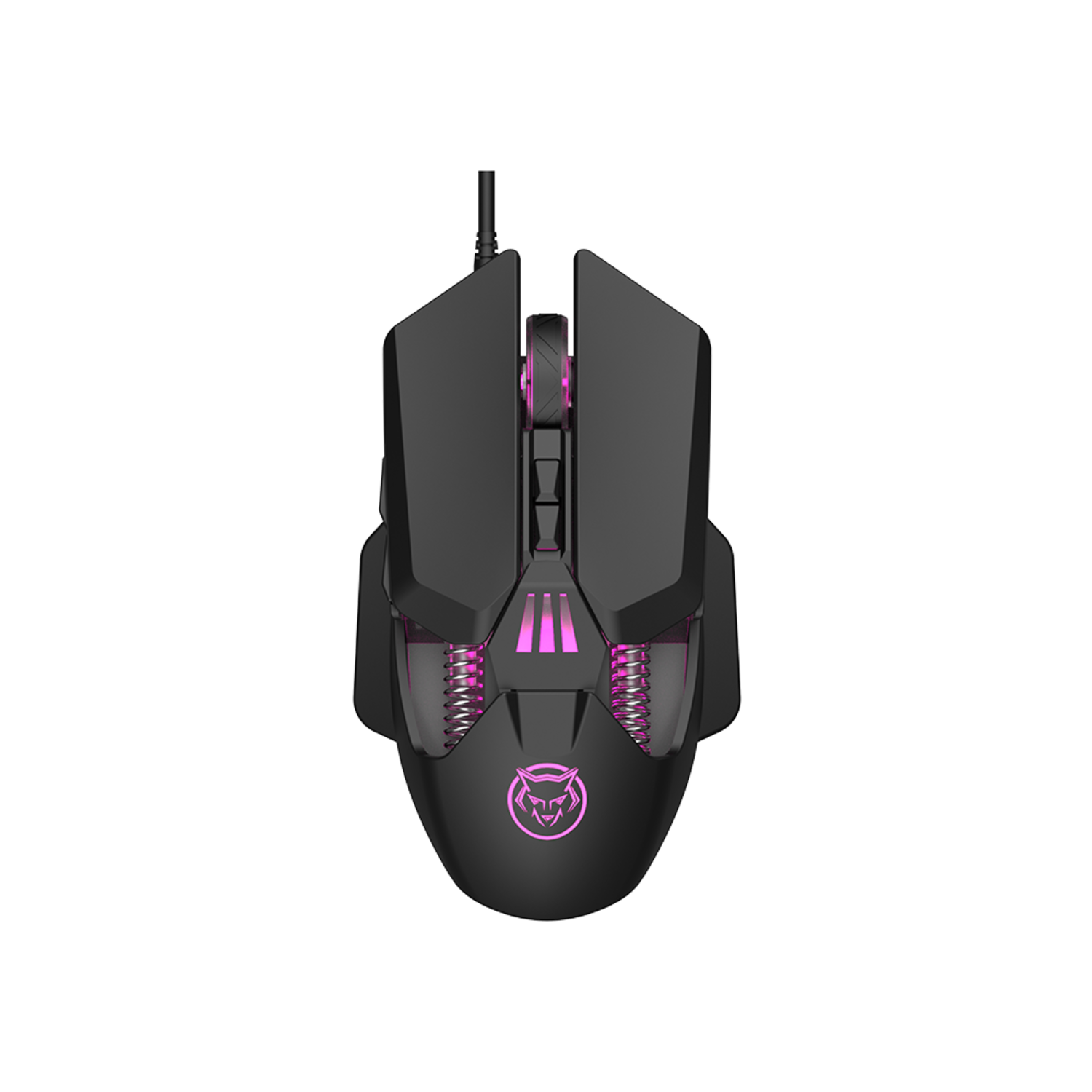 Black gaming mouse with pink accents. It has a logo and a cable. The background is black.