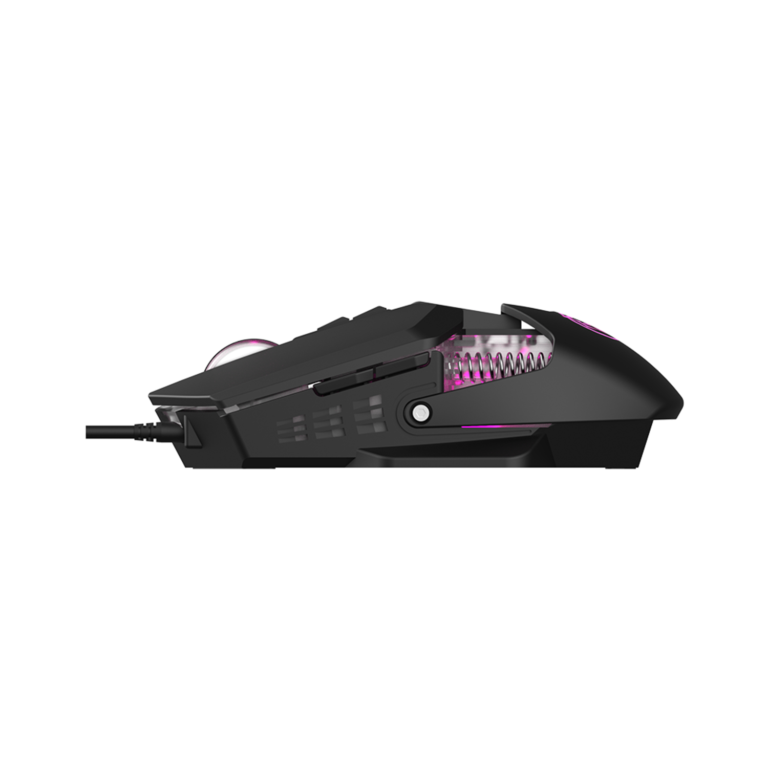 A black gaming mouse with pink accents and a spring. It is on a black background and has a cable.