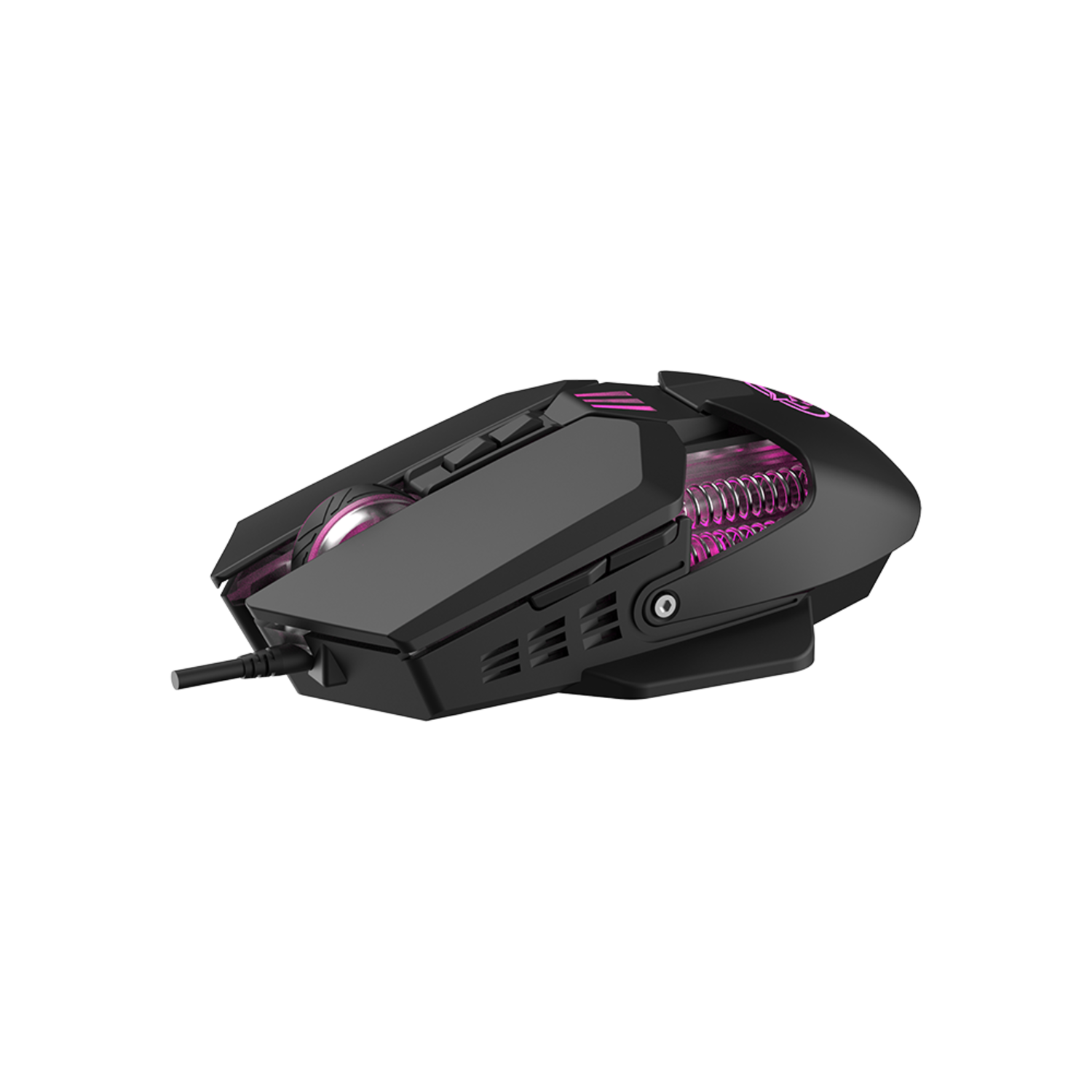 A black gaming mouse with pink accents and a cable, set against a black background.