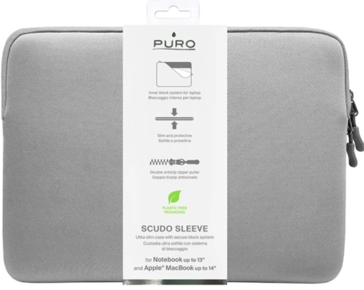 Szara torba na laptopa z białą etykietą. Etykieta zawiera tekst i obrazy opisujące cechy produktu. Z boku znajduje się zamek błyskawiczny.