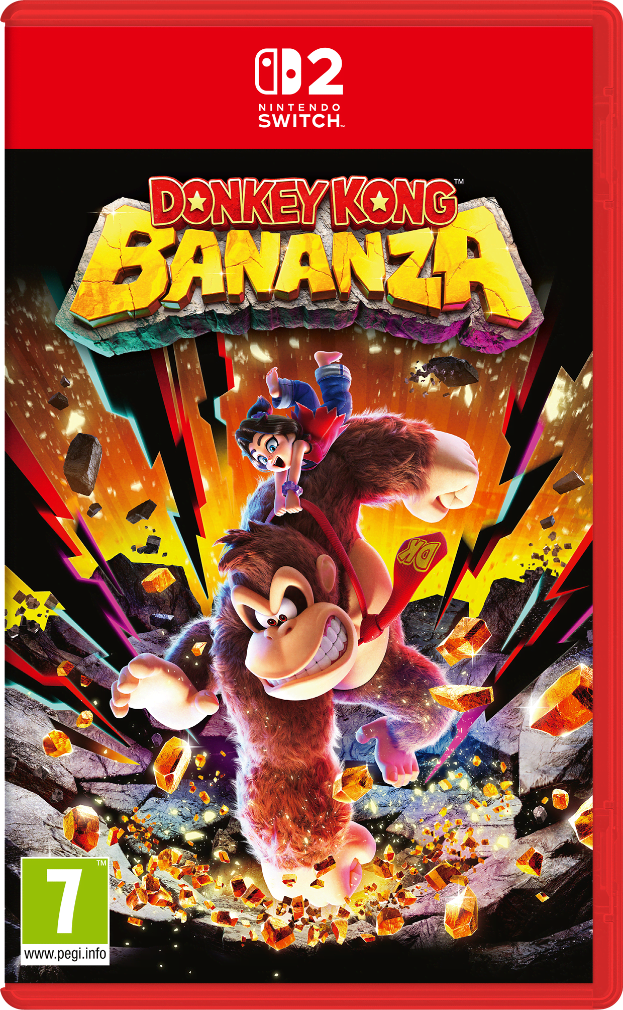 Donkey Kong Bananza-Spielcover. Donkey Kong trägt ein Kind. Der Spieletitel steht in großen gelben Buchstaben. Der Hintergrund ist orange.