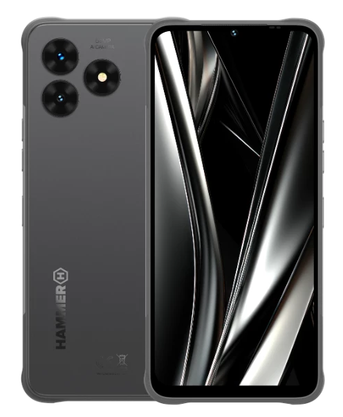 Szary smartfon z trzema obiektywami aparatu. Ekran wyświetla czarno-srebrny abstrakcyjny wzór. Telefon ma logo Hammer.