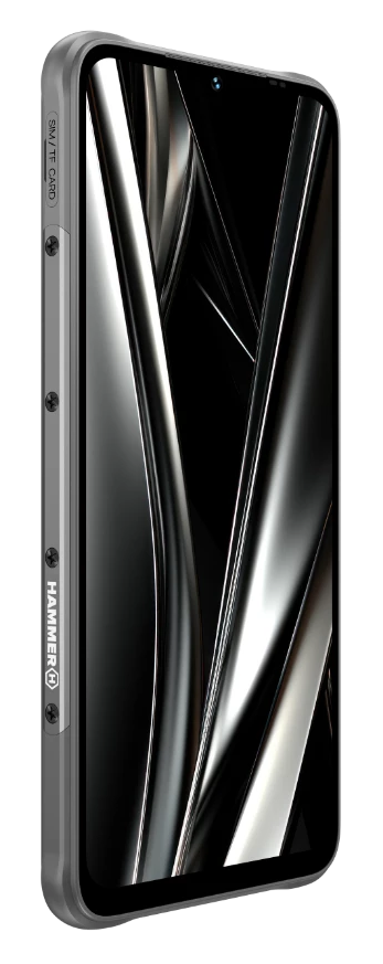 Szary smartfon pokazany pod kątem, z czarnym ekranem wyświetlającym abstrakcyjne srebrne linie. Widoczne szczegóły gniazda karty SIM.