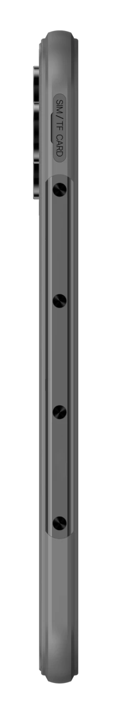 Widok z boku szarego smartfona. Pokazuje obiektywy aparatu, gniazdo karty SIM/TF i śruby. Czarne tło.