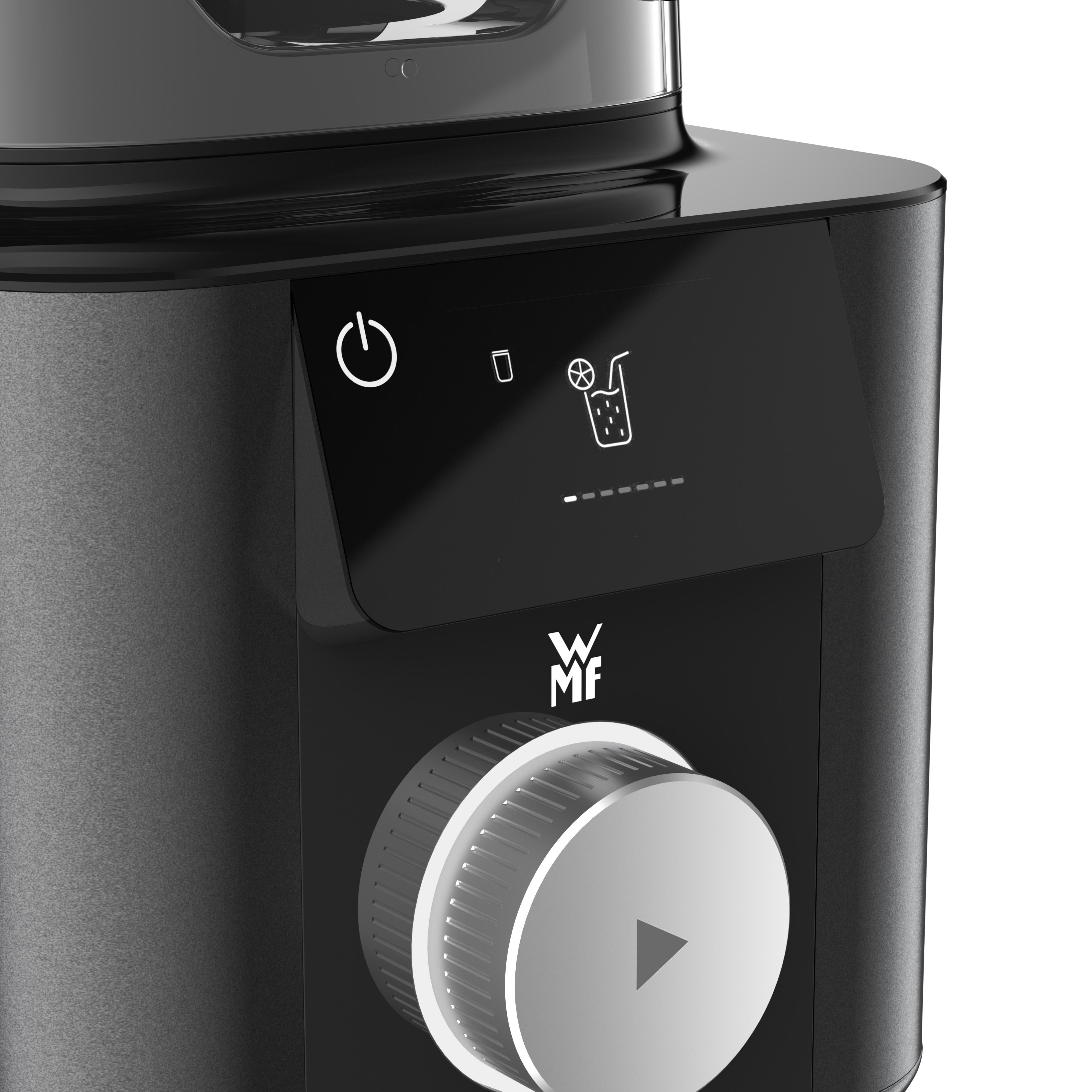Schwarzes Mixer-Bedienfeld mit Symbolen für Strom, Getränk und einem Drehregler mit einem Wiedergabesymbol.