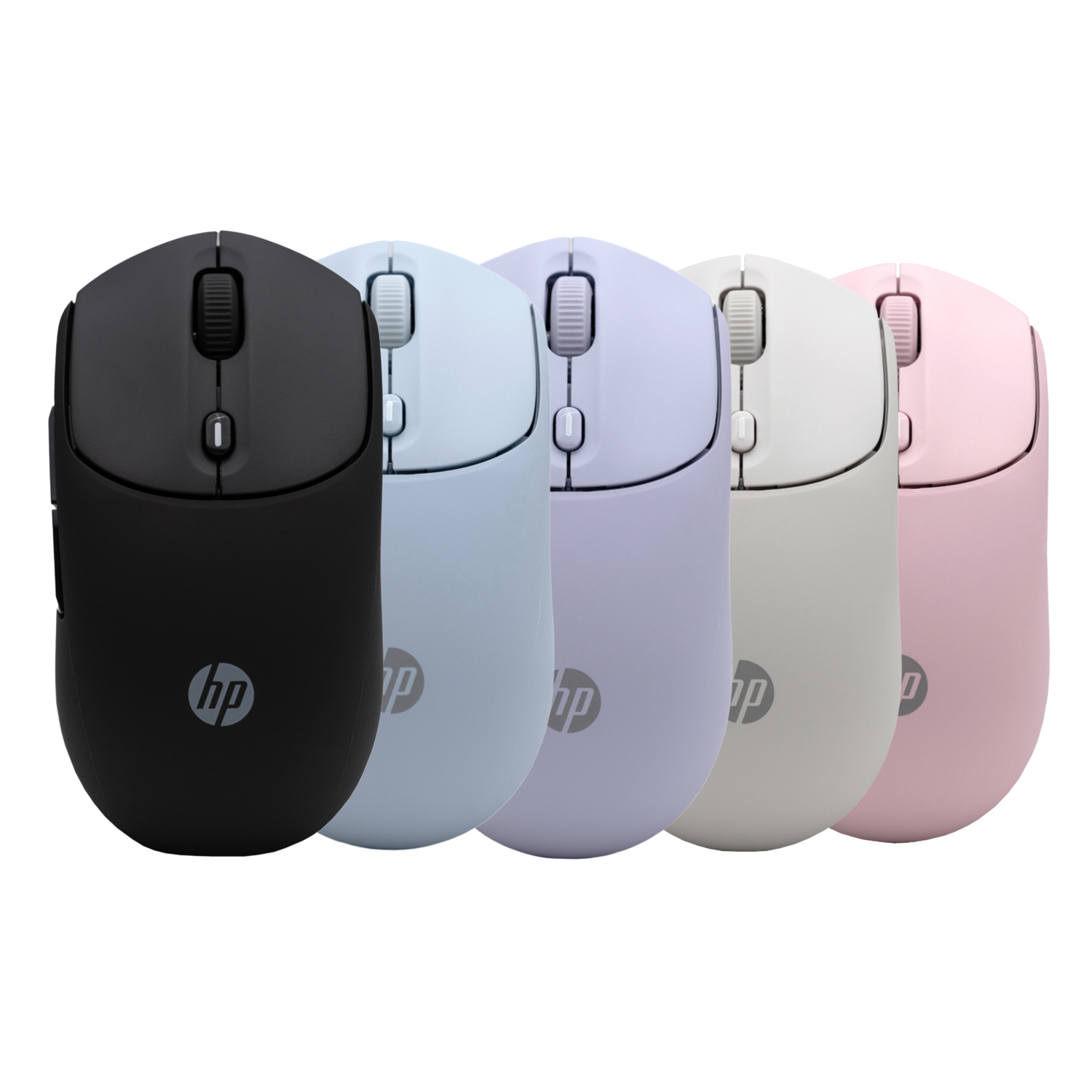 Vijf HP draadloze muizen in zwart, lichtblauw, paars, beige en roze. Ze zijn verticaal geplaatst tegen een zwarte achtergrond.