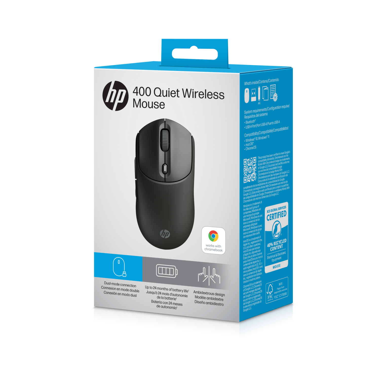 HP 400 Quiet Wireless Mouse doos. Zwarte muis afbeelding. Witte doos met blauwe accenten. Tekst en logo's zijn zichtbaar.