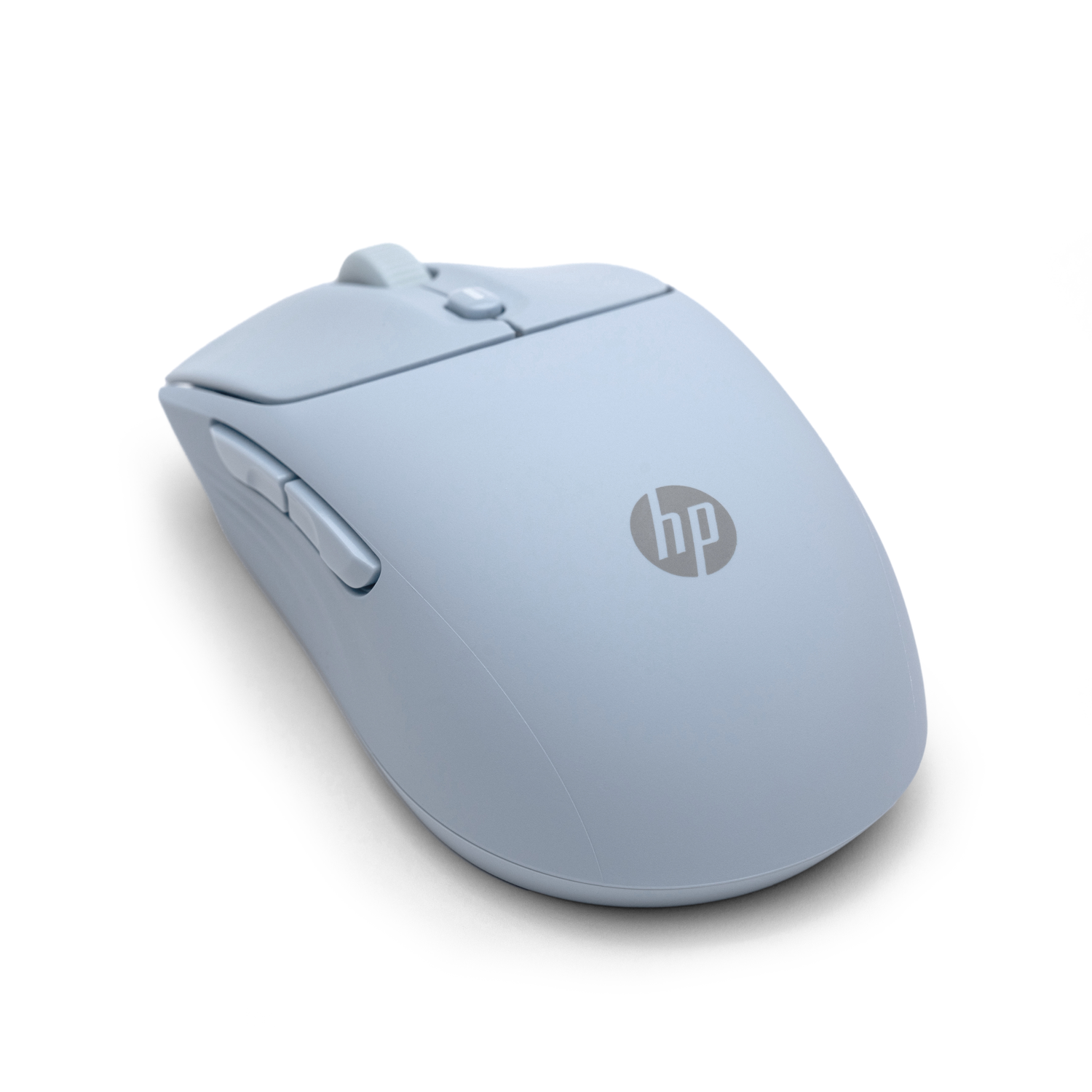 A light blue HP wireless mouse. It has buttons on the side and top, with the HP logo on the surface. The background is white.