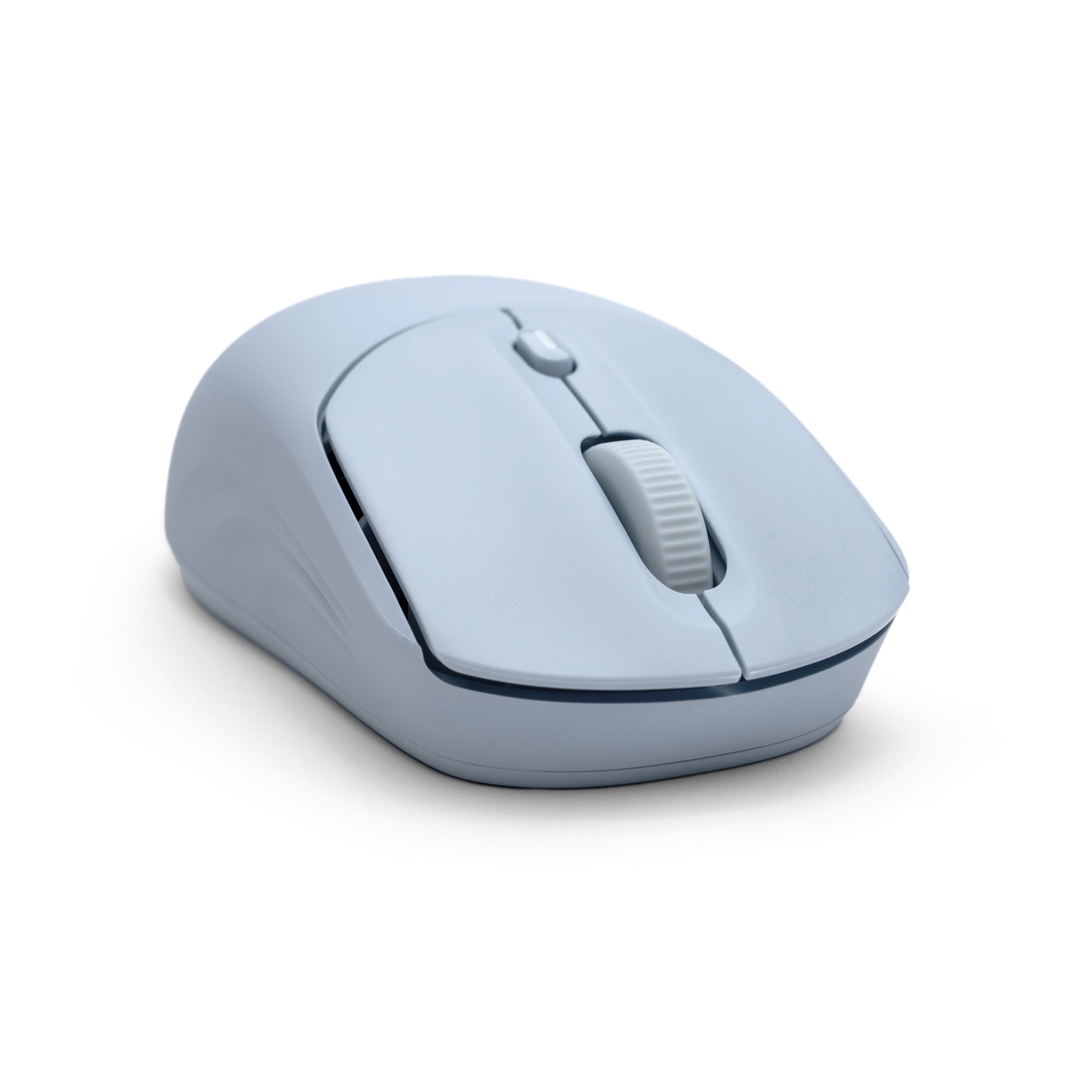 A light blue wireless computer mouse. It has a scroll wheel and two buttons. The background is white.