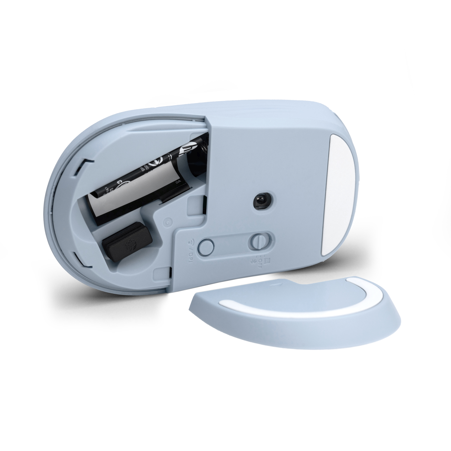 Light blue mouse with its battery compartment open, revealing a battery. The cover is detached. White background.