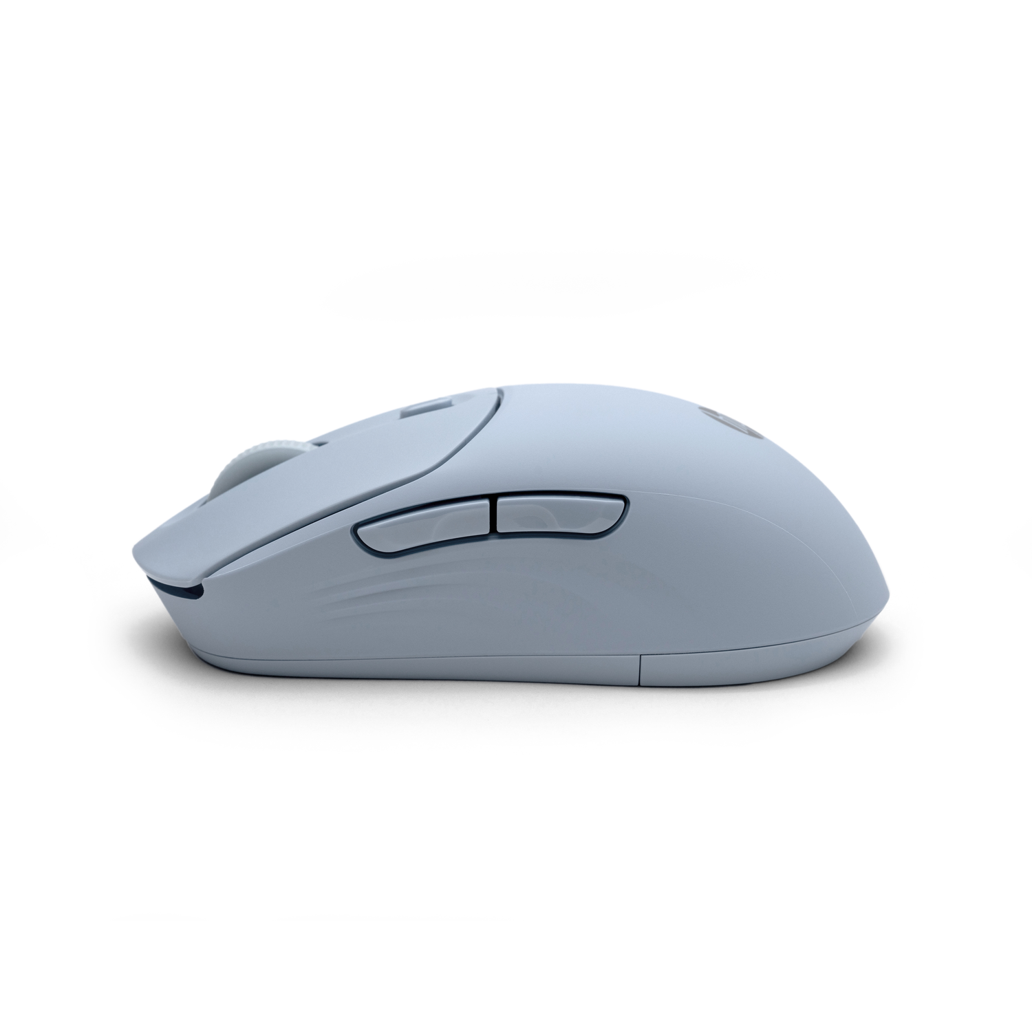 A light blue computer mouse is isolated on a white background. It has buttons and a scroll wheel, with a slight shadow.