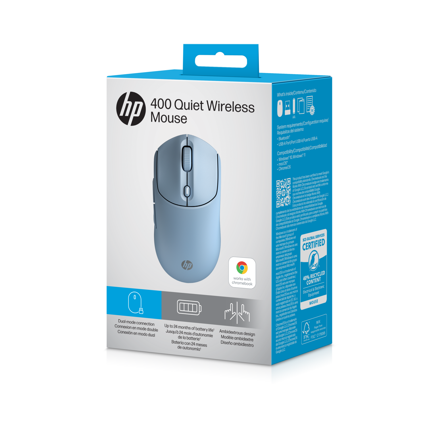 Box shows a blue HP 400 Quiet Wireless Mouse. It includes features like dual-mode connection and 24-month battery life.