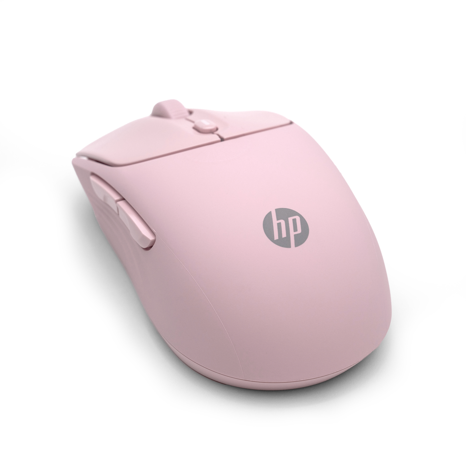 Une souris sans fil HP rose. Elle possède deux boutons sur le dessus et deux sur le côté. Le logo HP est sur la souris.