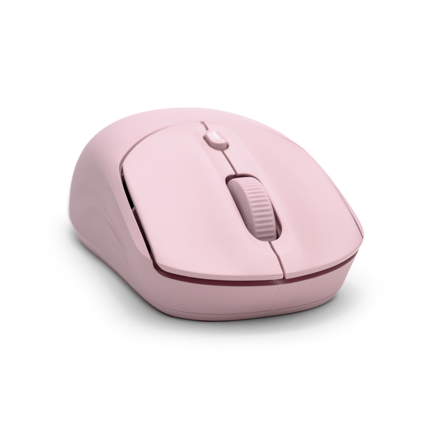 Une souris d'ordinateur sans fil rose. Elle a une molette de défilement, des boutons de clic gauche et droit et un bouton d'alimentation. Le fond est blanc.