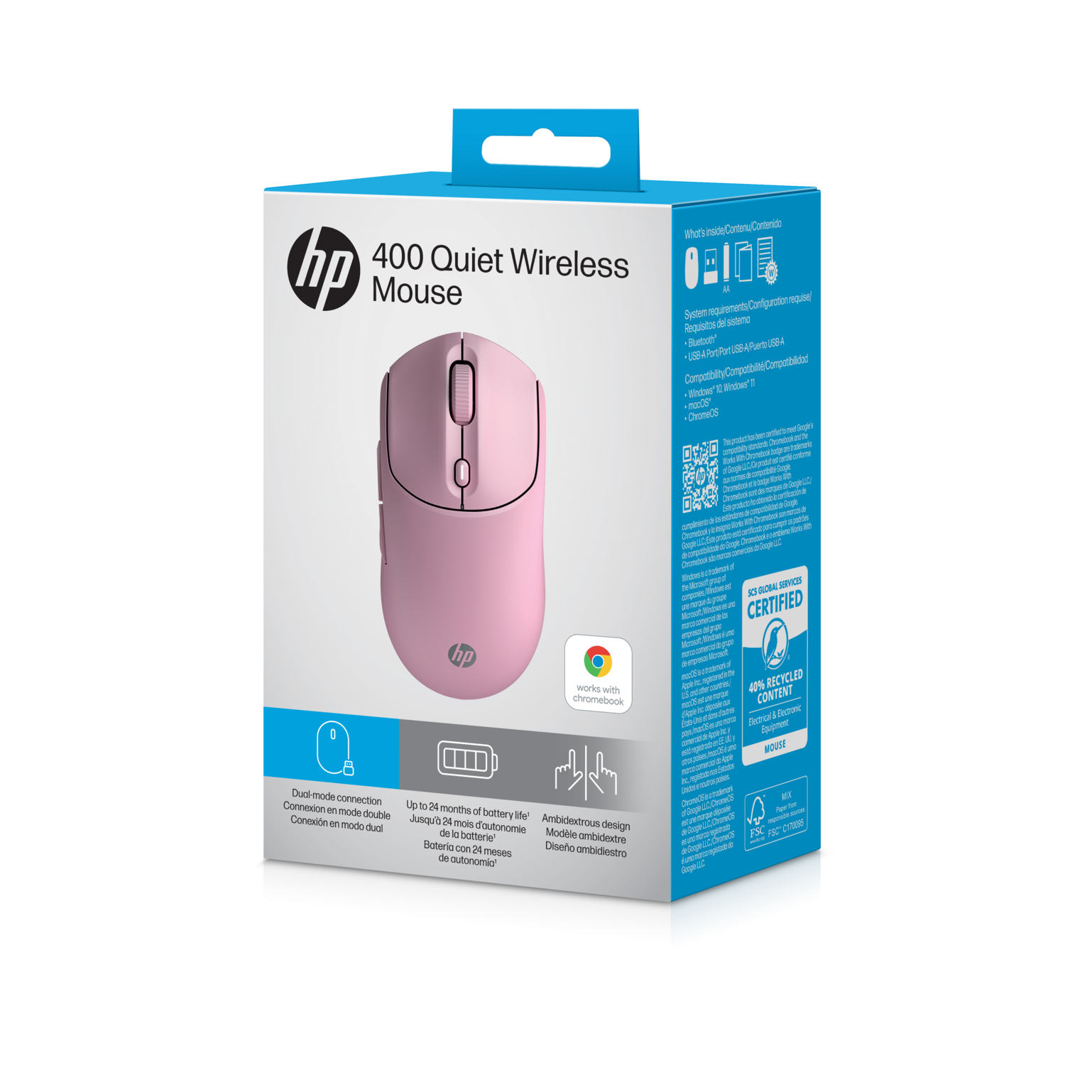 Souris sans fil HP 400 rose sur une boîte. Le texte comprend : « Quiet Wireless Mouse » et « Works with Chromebook ».