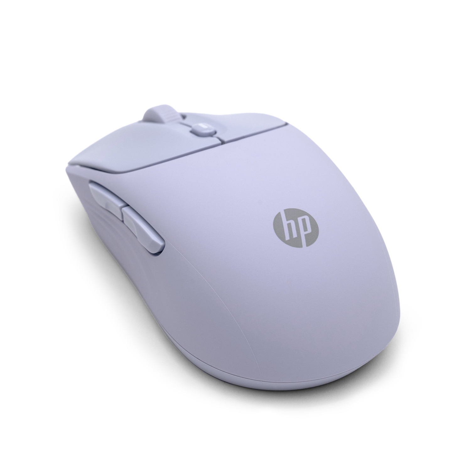A light purple HP wireless mouse on a white background. The mouse has buttons and a scroll wheel. The HP logo is visible.