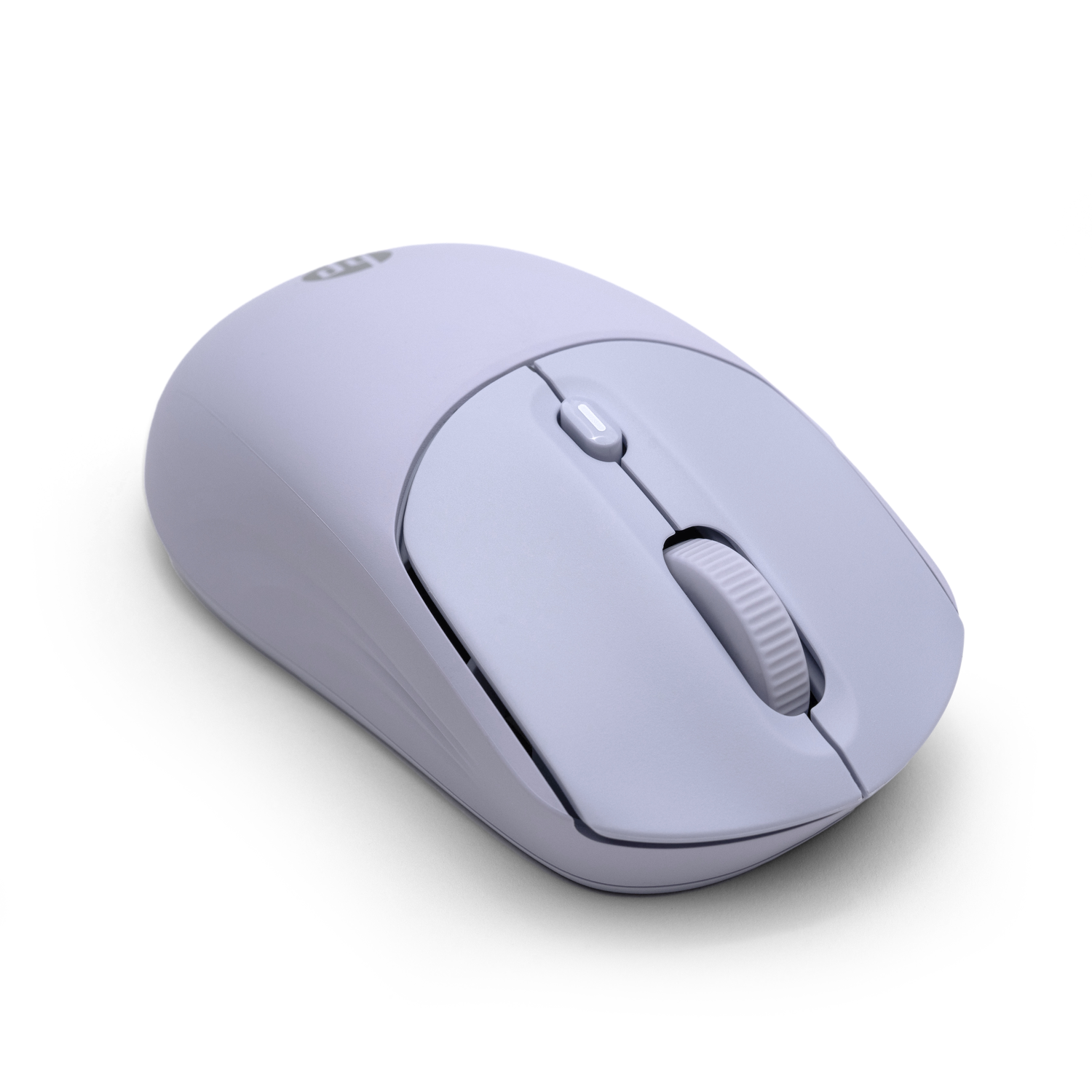 A light purple computer mouse on a white surface. It has a scroll wheel and two buttons. The background is white.