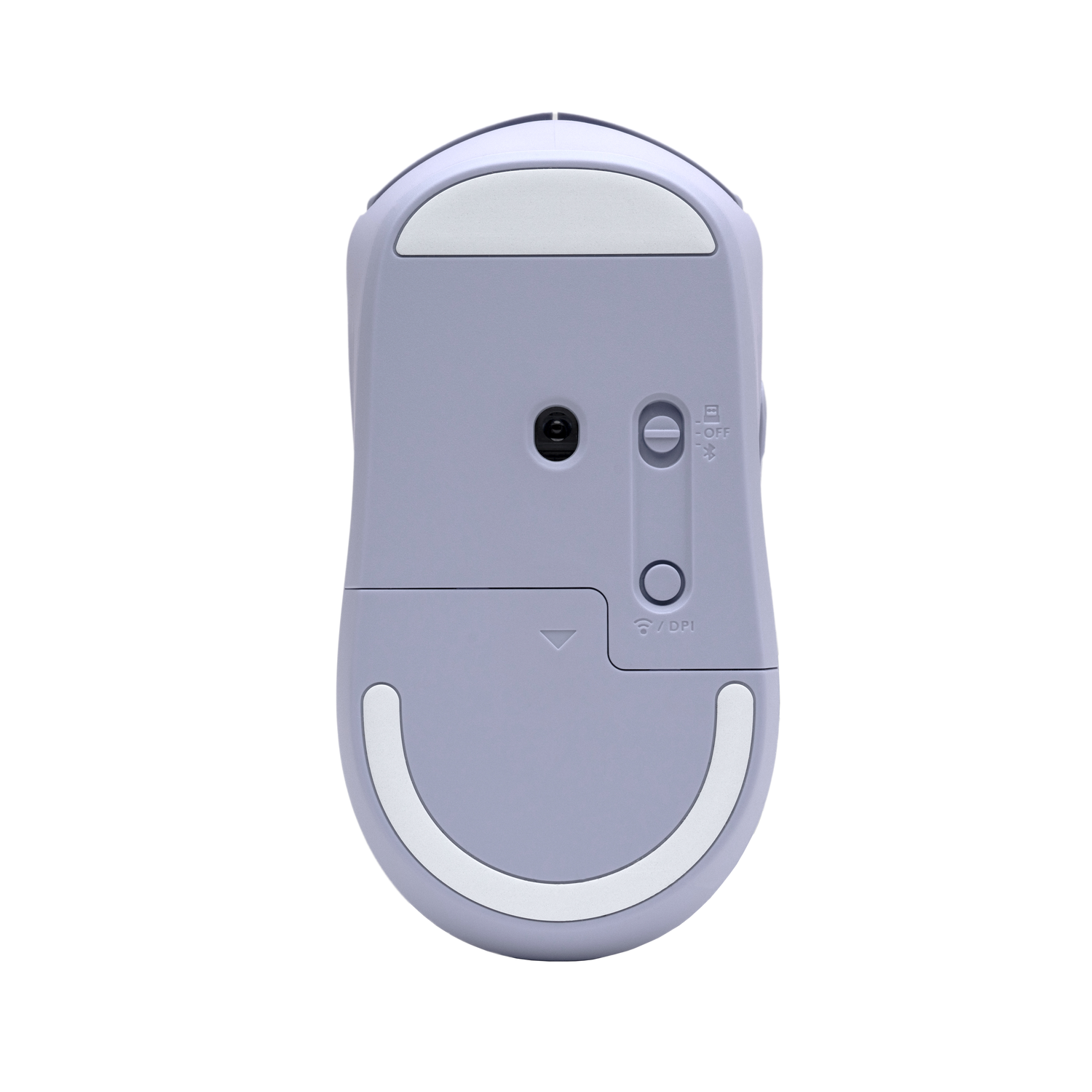 Bottom view of a light purple wireless mouse. It has white pads and a switch for on/off. A button for DPI is also visible.