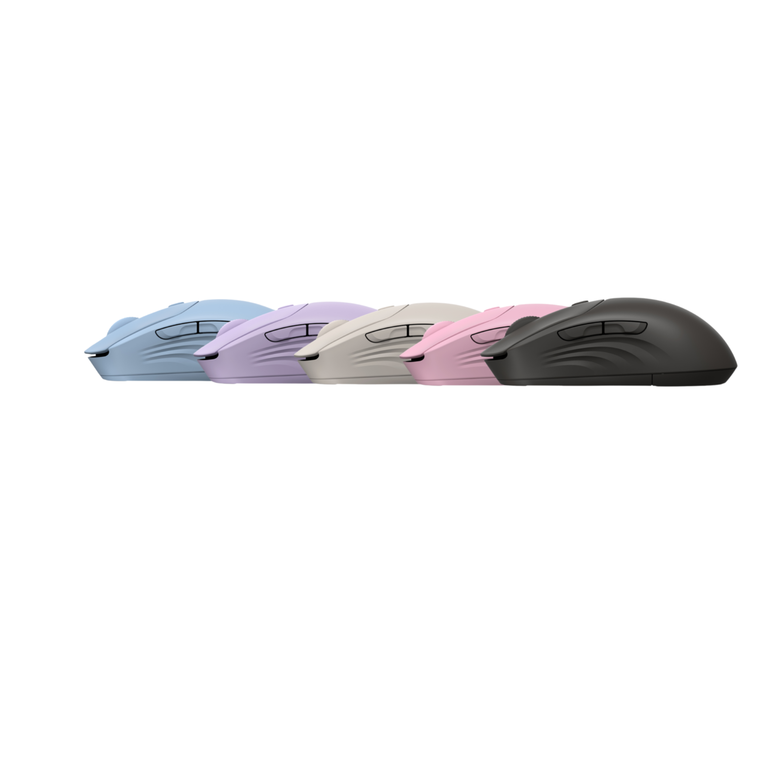Five computer mice in pastel colors are arranged on a black background. Each mouse has a different color: blue, purple, beige, pink, and gray.