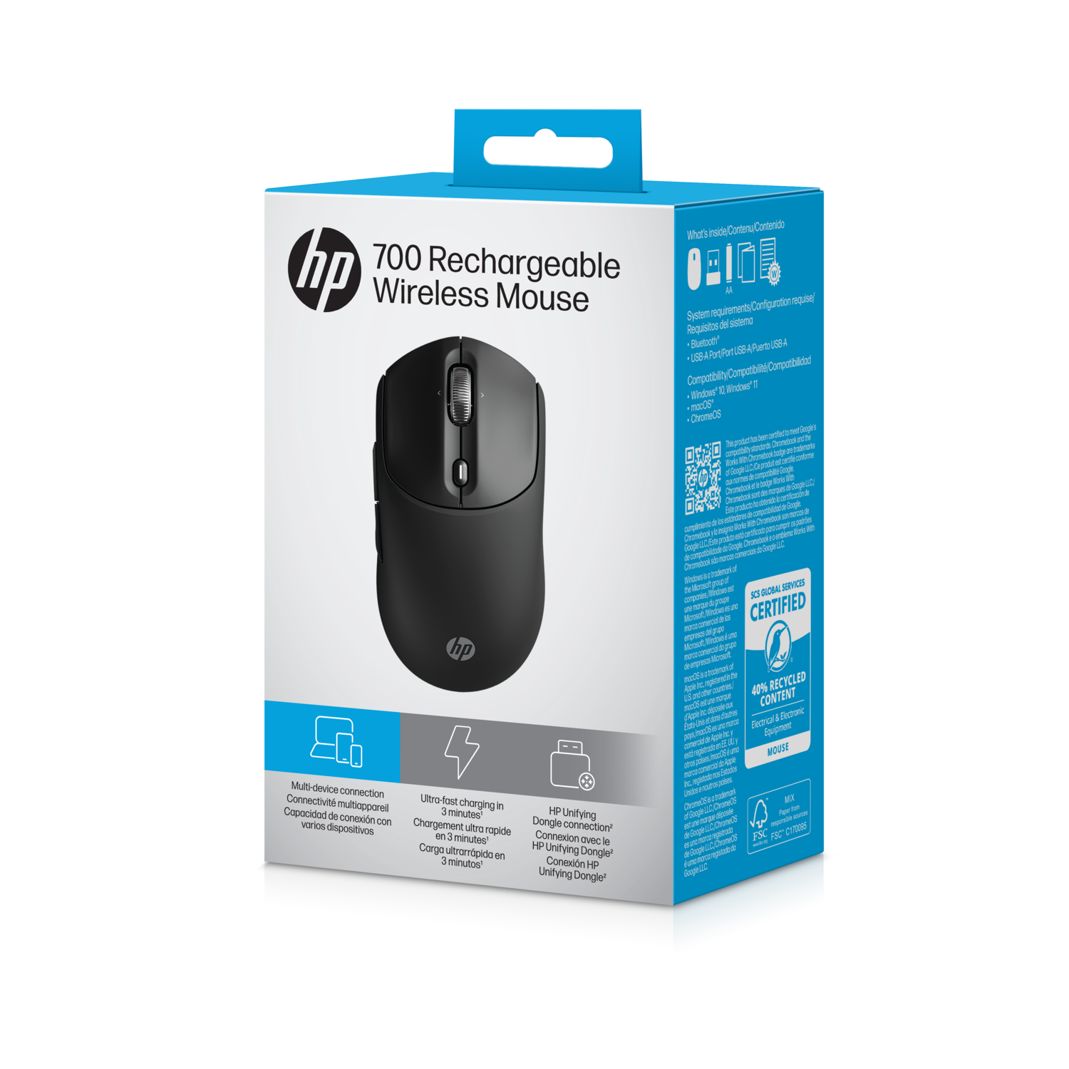 Zwarte HP 700 draadloze muis op doos. Doos is wit en blauw met productinfo en functies.