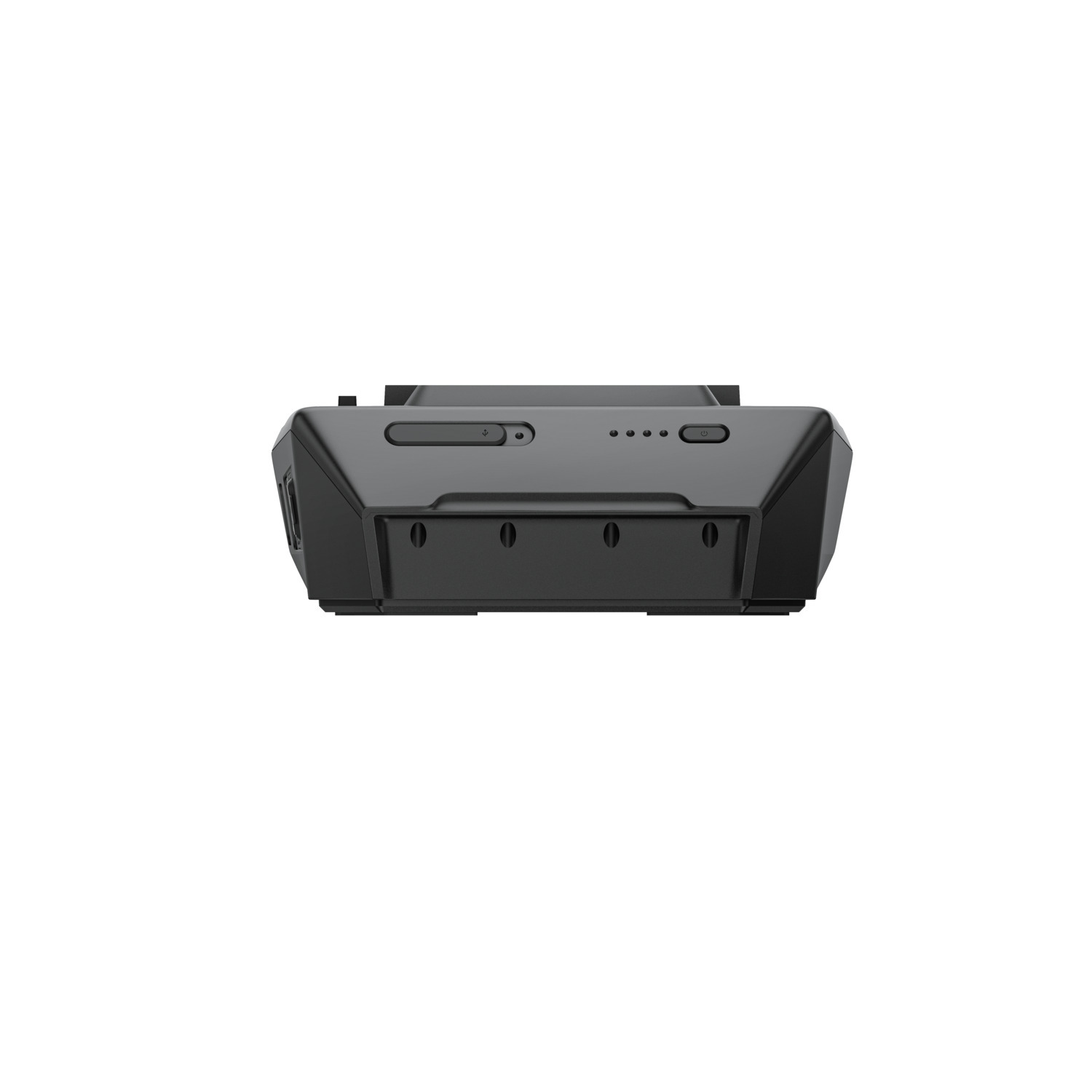 A black rectangular device is centered on a white background. It has buttons and indicator lights on top and a series of slots.