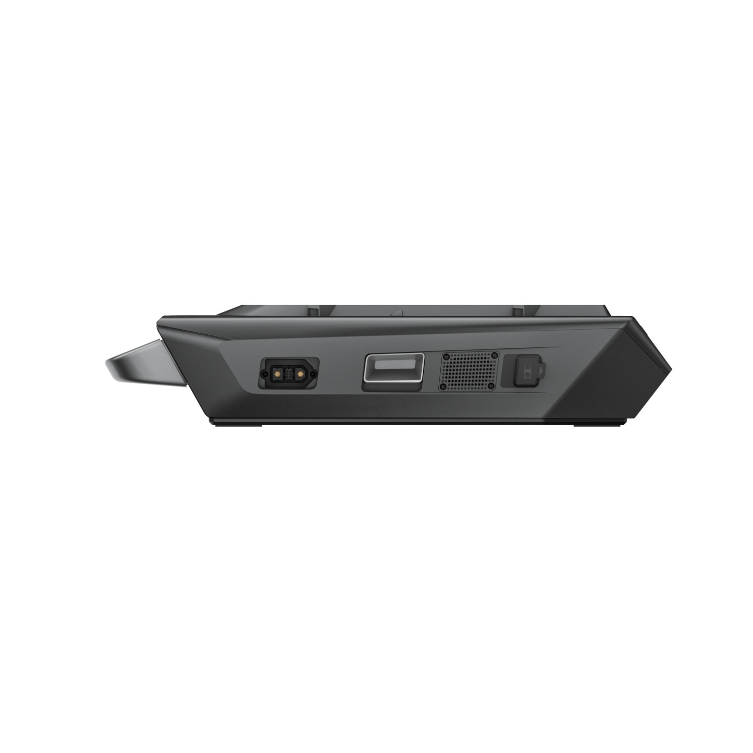 A black, angled device with various ports, including a power input, USB, and a ventilation area. Isolated on a white background.