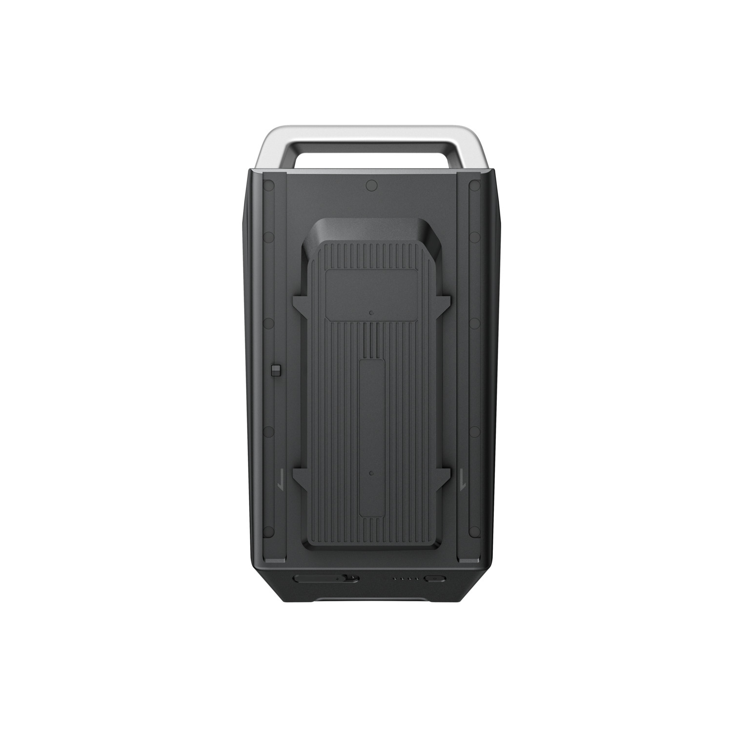 A black and gray portable power station with a handle. It has a large central panel with vents and various ports.