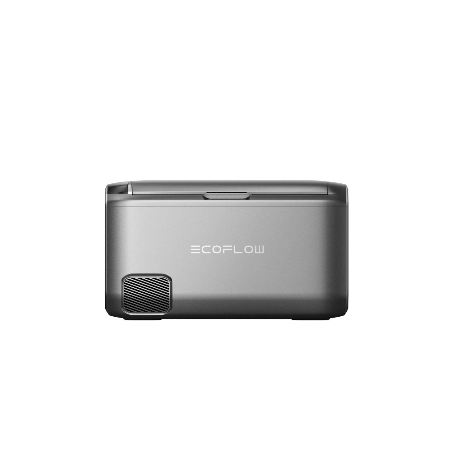 A silver EcoFlow cooler on a white background. It has a vent on the left and the brand name in the center.