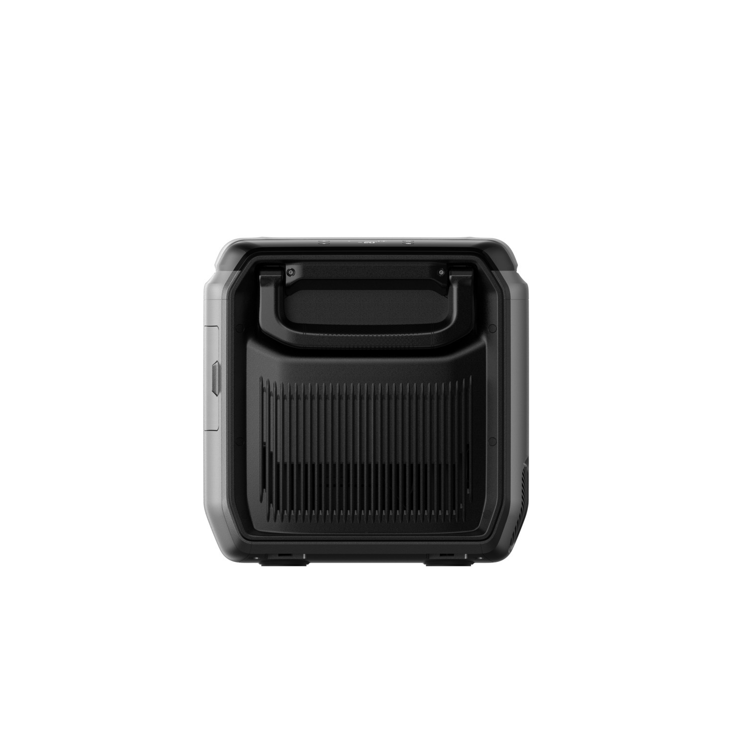 A black and gray power station, top view. It has a handle and vertical vent lines. The background is white.