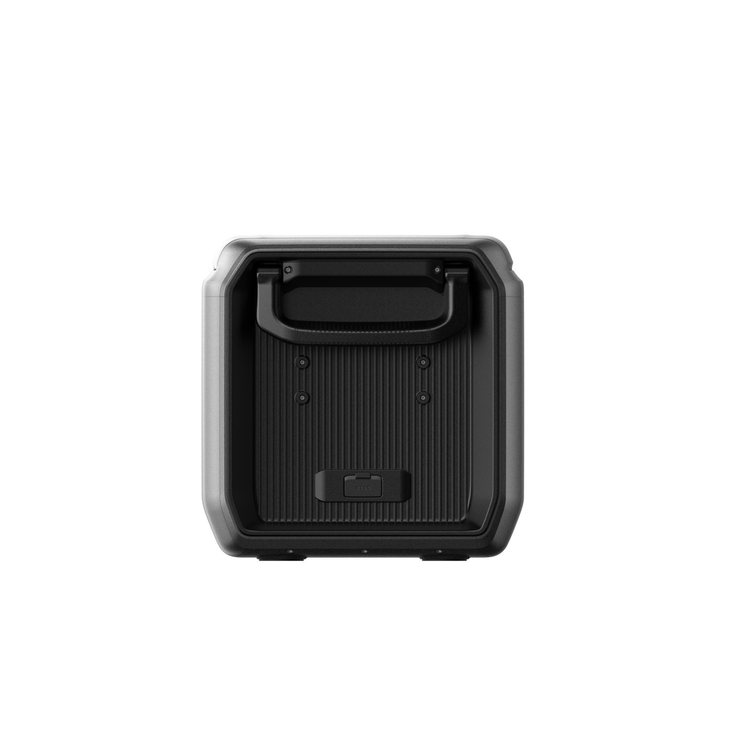 A black and gray portable power station. Features a handle, ribbed panel, and several circular details on a white background.