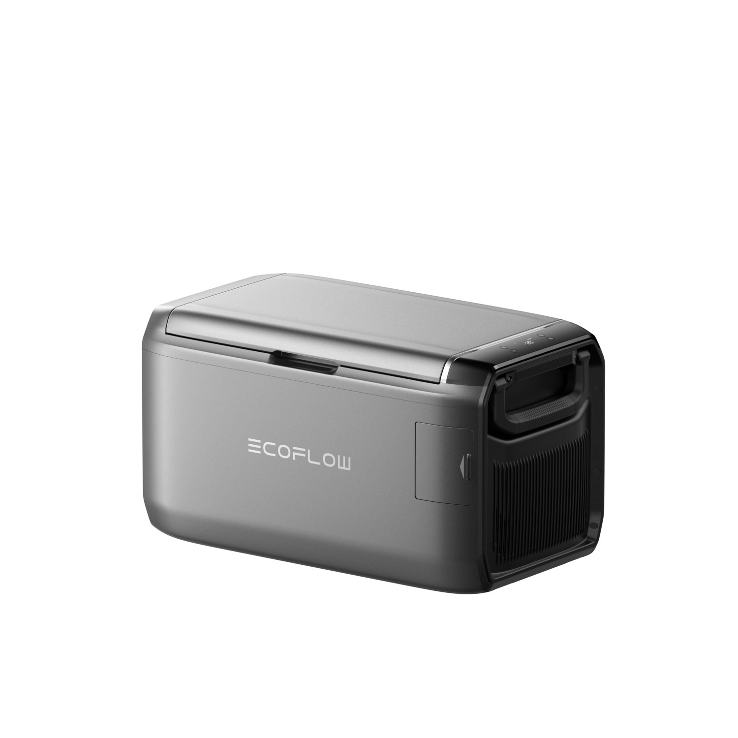 A silver EcoFlow cooler box. It has a handle, a control panel, and black vents. The background is white.