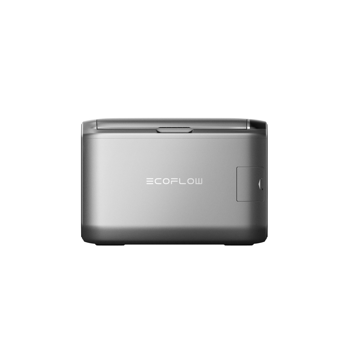 A silver EcoFlow portable power station on a white background. It has a handle on top and a door on the right side.