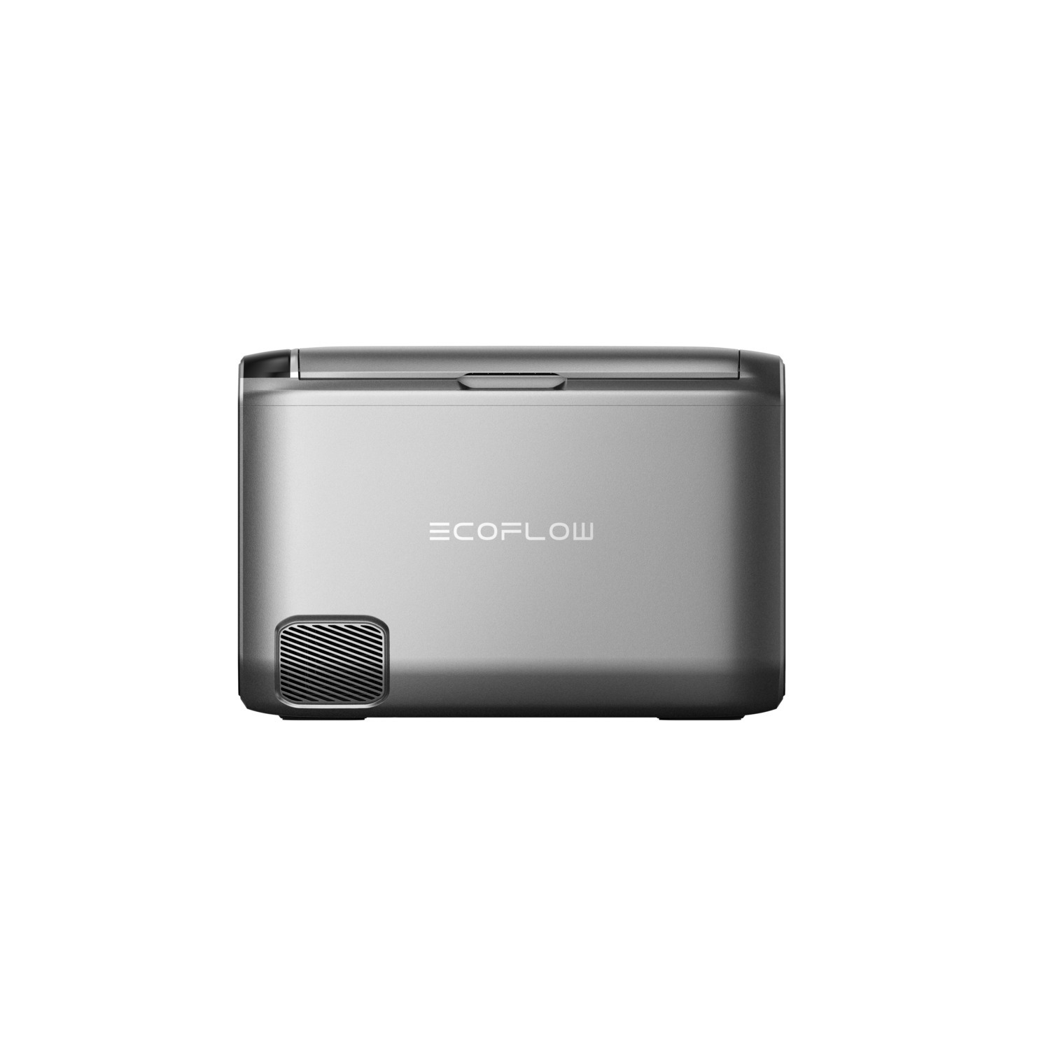 A silver EcoFlow portable refrigerator is centered. The front has the brand name. A vent is on the left. The background is white.