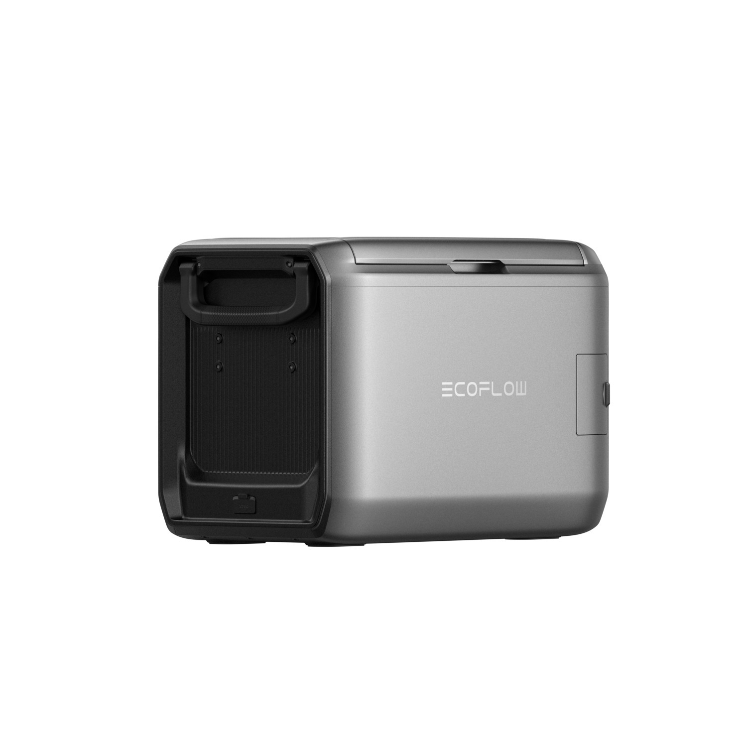 A silver and black EcoFlow power station is shown against a white background. It has a handle, buttons, and the EcoFlow logo.