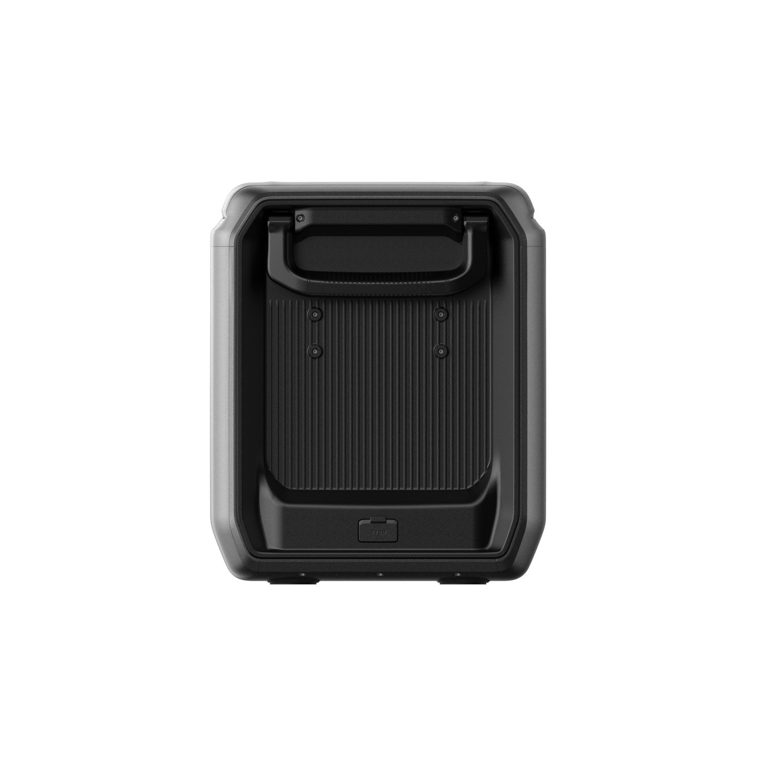 A black rectangular device with a handle on top. It has a ridged front panel and a few circular details. Isolated on white.