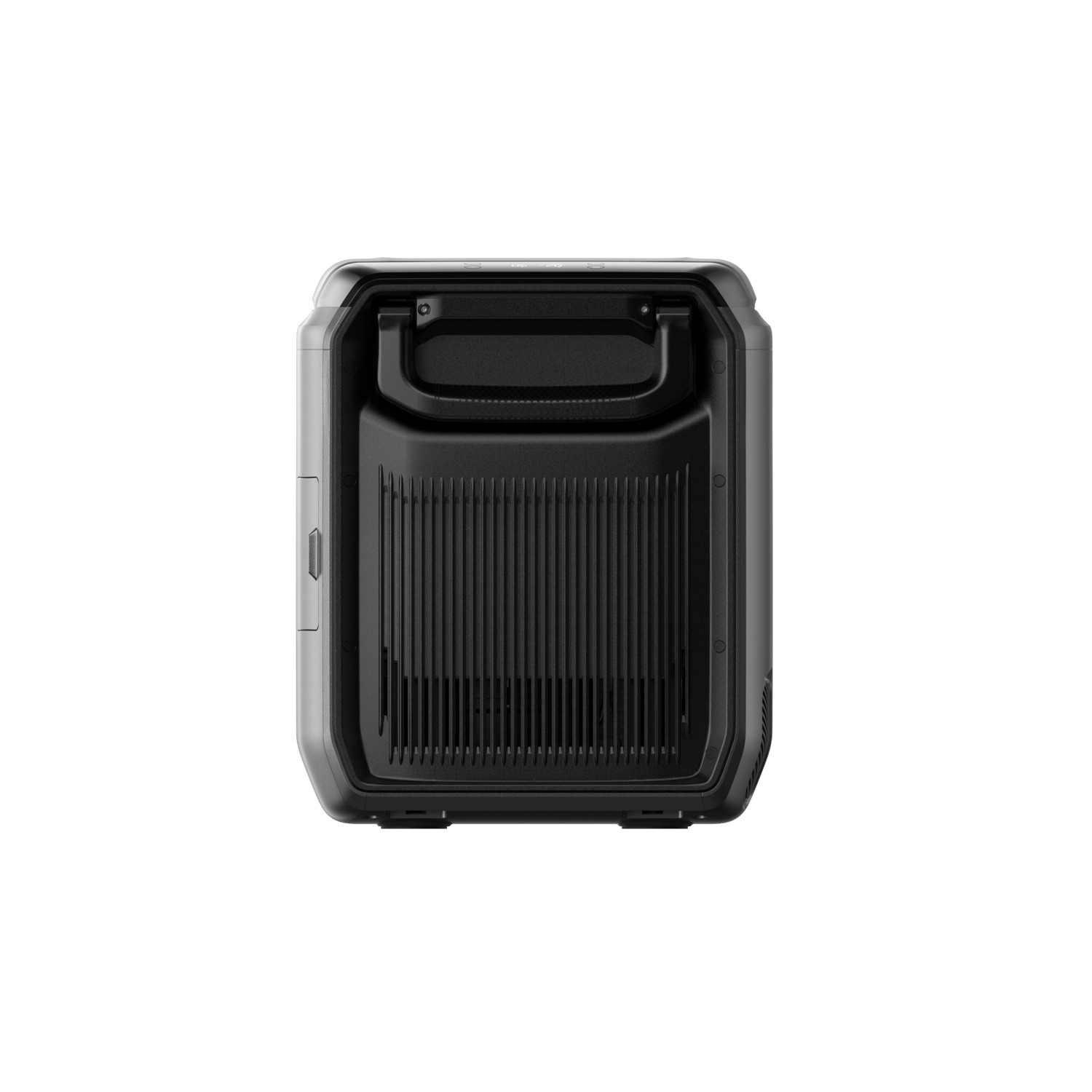 A black and gray power station with a handle. It has a vent and a control panel. The background is white.