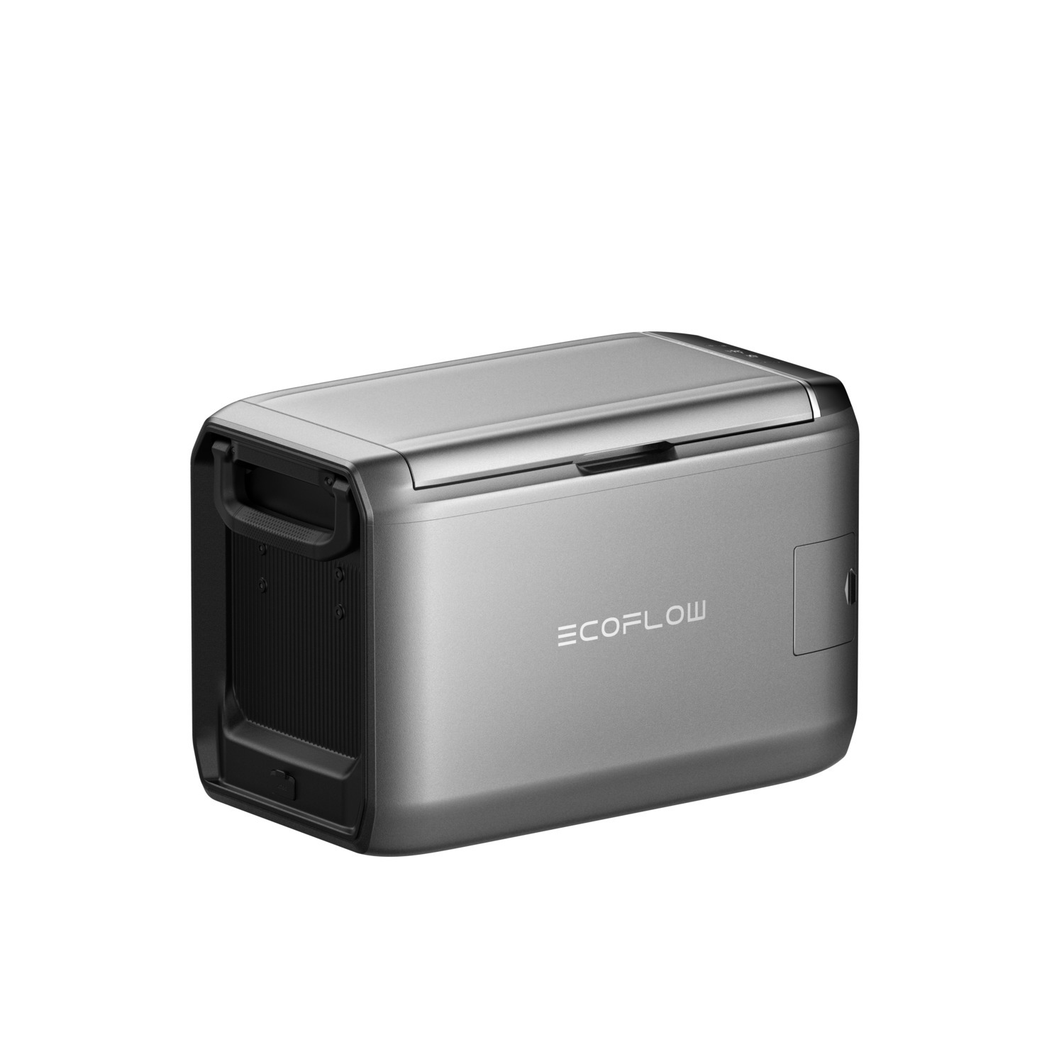A silver EcoFlow power station. It has a black handle and a small door. The word EcoFlow is written on the side.