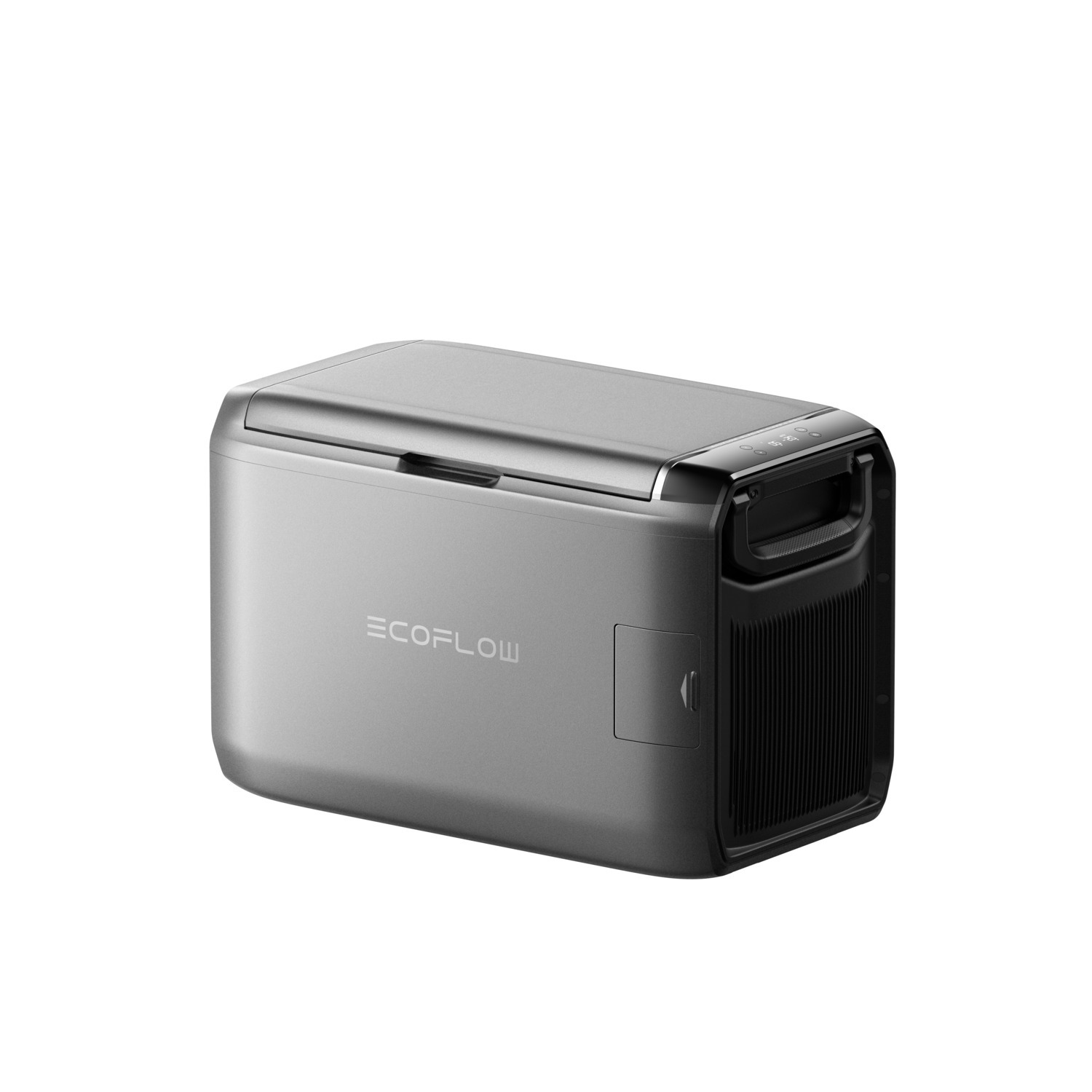 A silver EcoFlow cooler, rectangular, with a black handle and vent. The brand name is printed on the front.