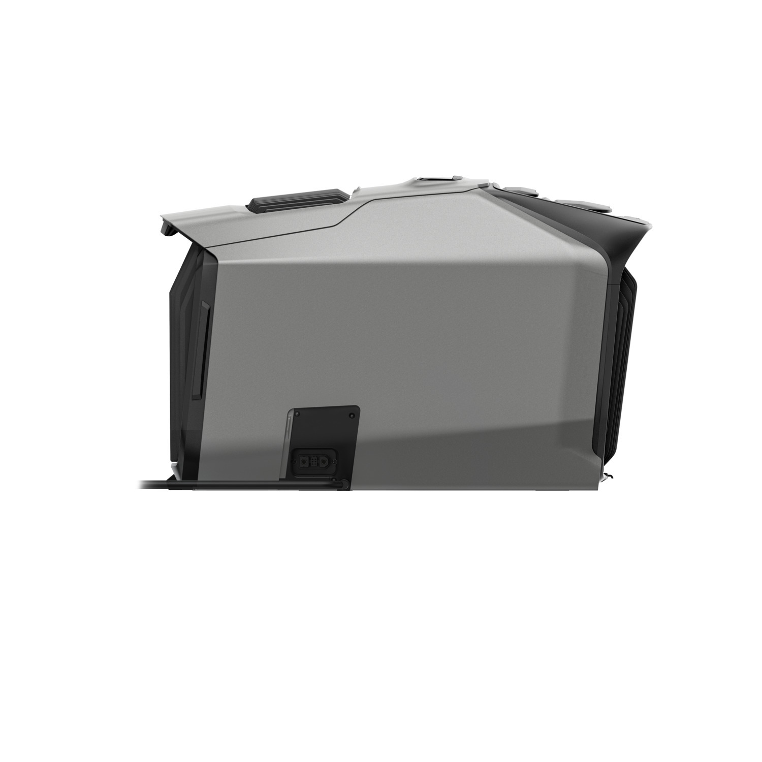 A gray and black device, possibly an electronic component, isolated on a white background. It has an angular design with a power input.