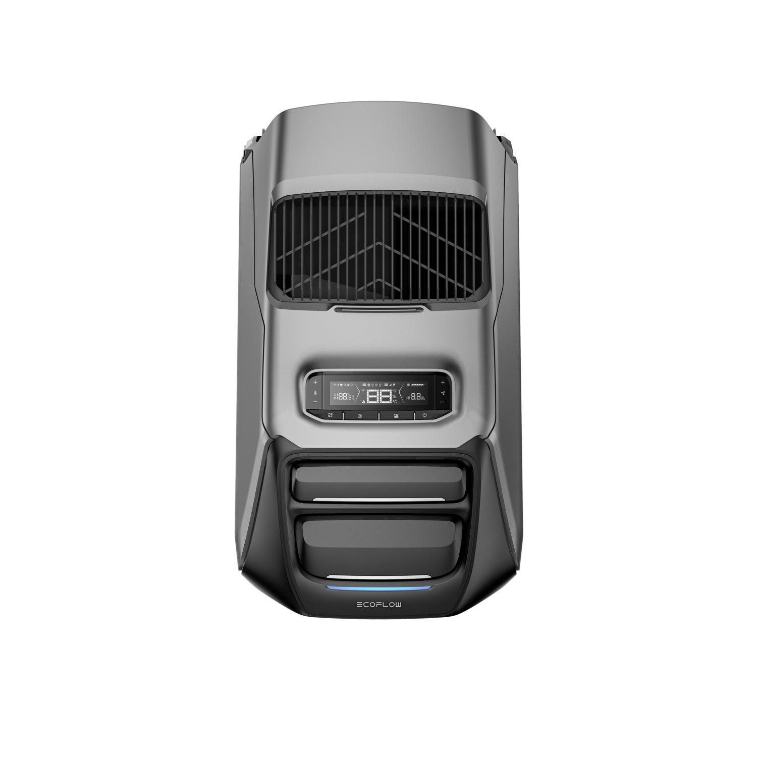 Silver and black portable power station on white background. It has a display and two storage compartments. The brand is ECOFLOW.