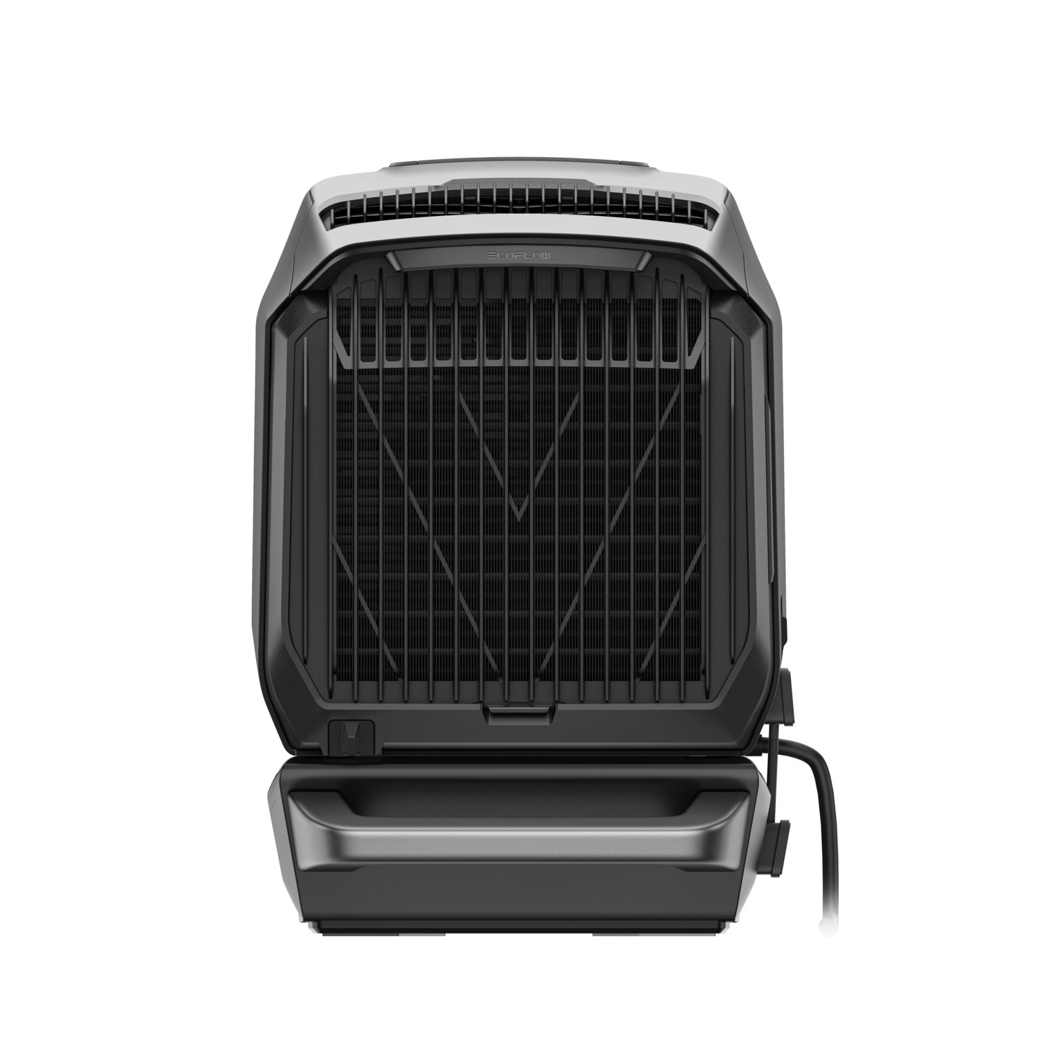 A modern, black and silver air purifier. It has a rectangular design with a grid-like front panel and a handle at the bottom.