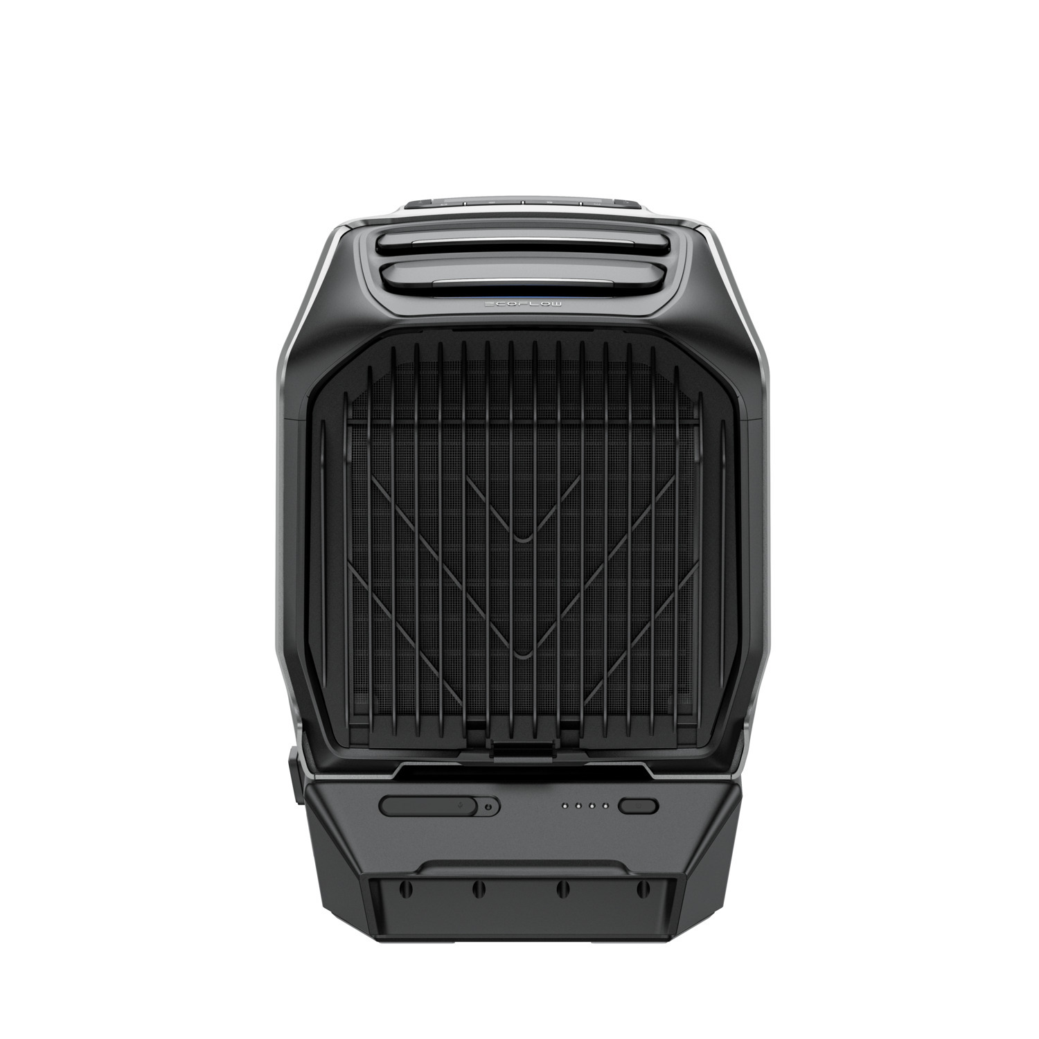 A black grill appliance, front view, with a grid design. It has power indicators and a control panel. The background is white.
