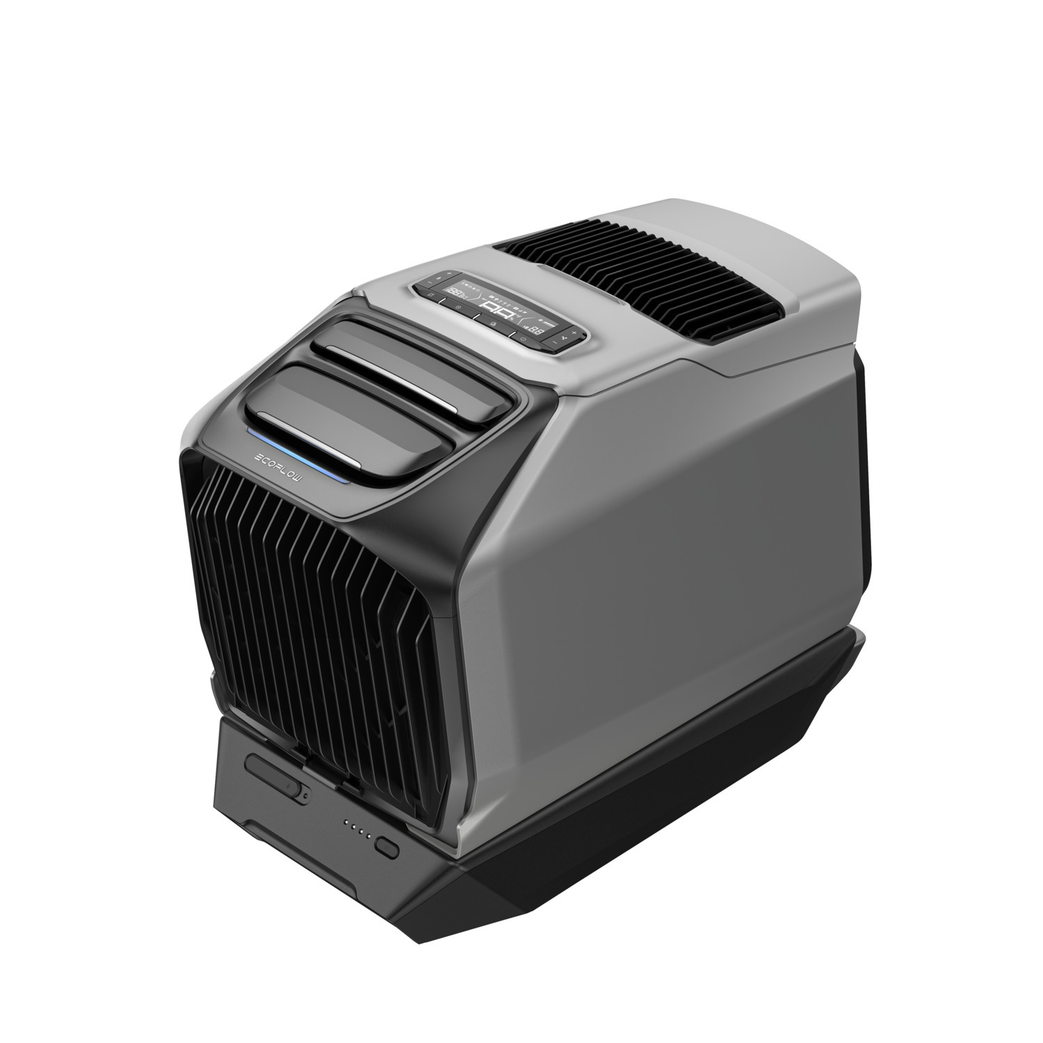 A portable power station. Gray and black device with a display, vents, and a handle. The brand name is EcoFlow.