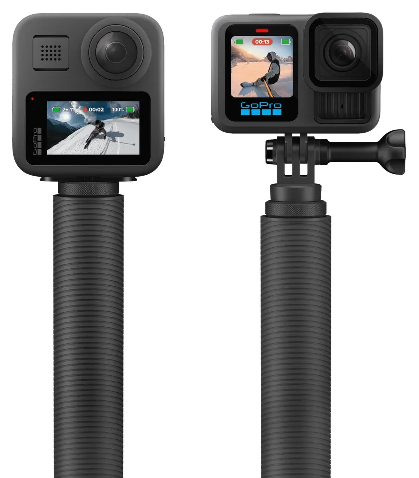 Dwie kamery GoPro na uchwytach. Jedna pokazuje narciarza, druga snowboardzistę. Obie mają ekrany wyświetlające ujęcia akcji na śniegu.