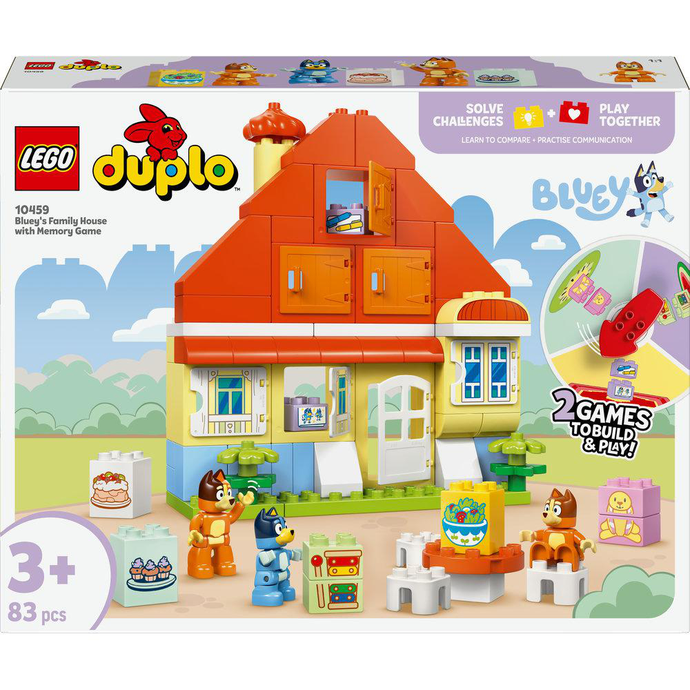 LEGO Duplo Blueys Familienhaus-Box-Set. Enthält Hausmodell, Charakterfiguren und Spielelemente. Helle Farben dominieren die Szene.