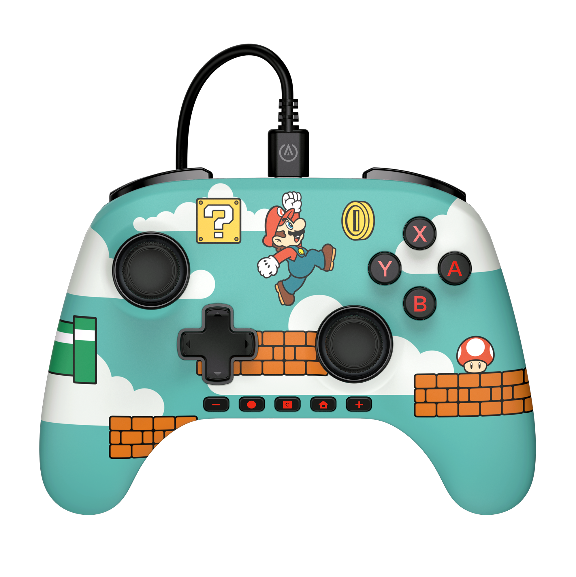 Ein Spielcontroller im Mario-Design mit springendem Mario. Er hat einen himmelblauen Hintergrund mit Wolken und Ziegelmustern.