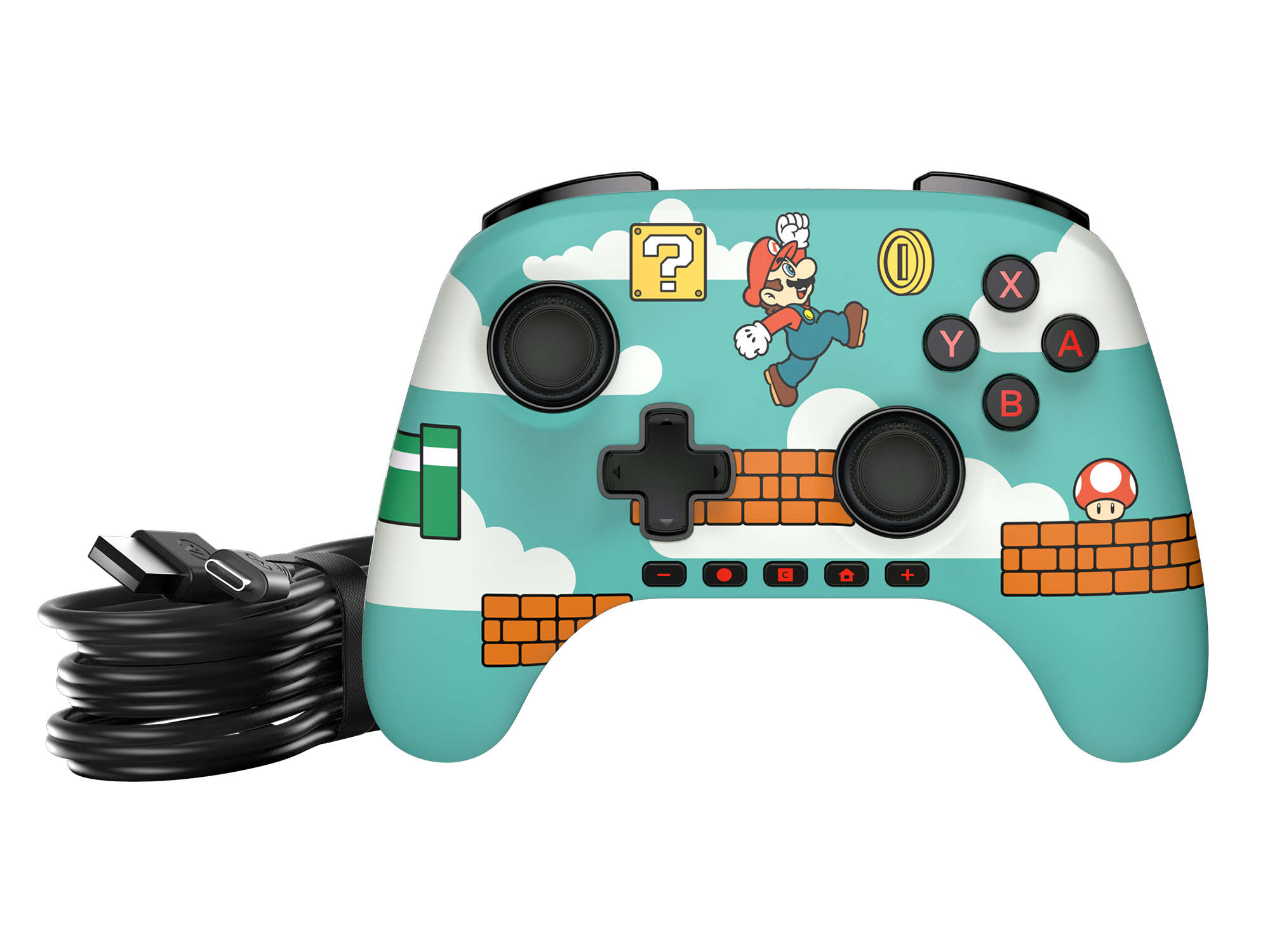 Ein blauer Controller im Mario-Design mit springendem Mario. Er hat Knöpfe, ein Steuerkreuz und ein USB-Kabel.