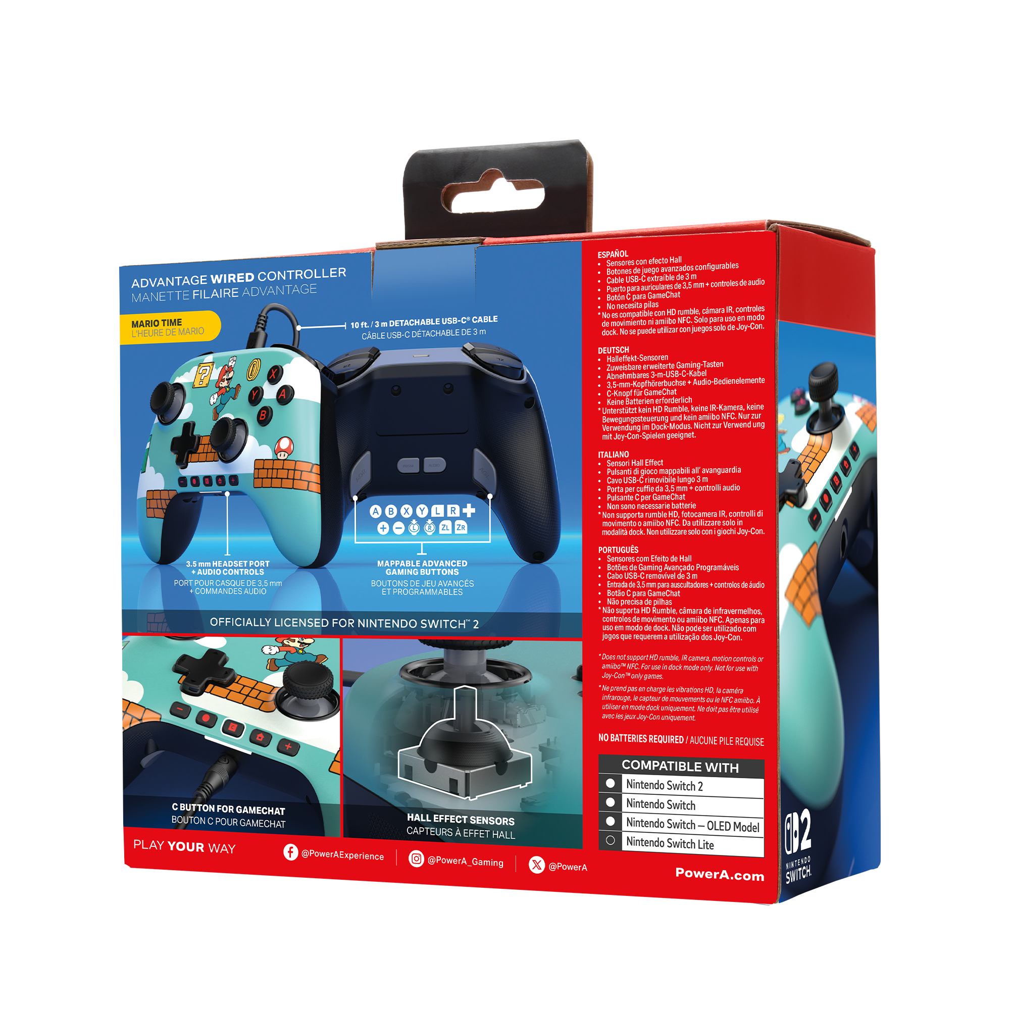 Schachtel mit einem Controller im Mario-Design. Der Controller hat eine blaue Oberfläche, Mario und Wolken-Designs.
