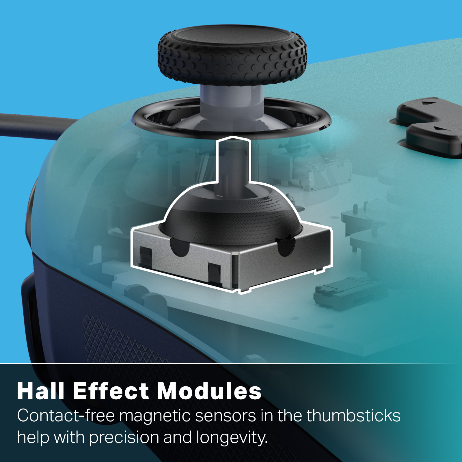 Nahaufnahme eines Joysticks und seiner internen Komponenten eines Gamecontrollers. Schwarz und Grau dominieren vor blauem und tealfarbenem Hintergrund.